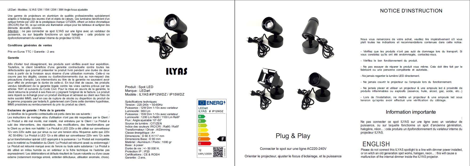 ILYAS - Faretto da tavolo dimmerabile da 12 W, con angolo di messa a fuoco regolabile da 10° a 50° Ra90 3000 K, illuminazione per quadri ed effetto luminoso (nero)