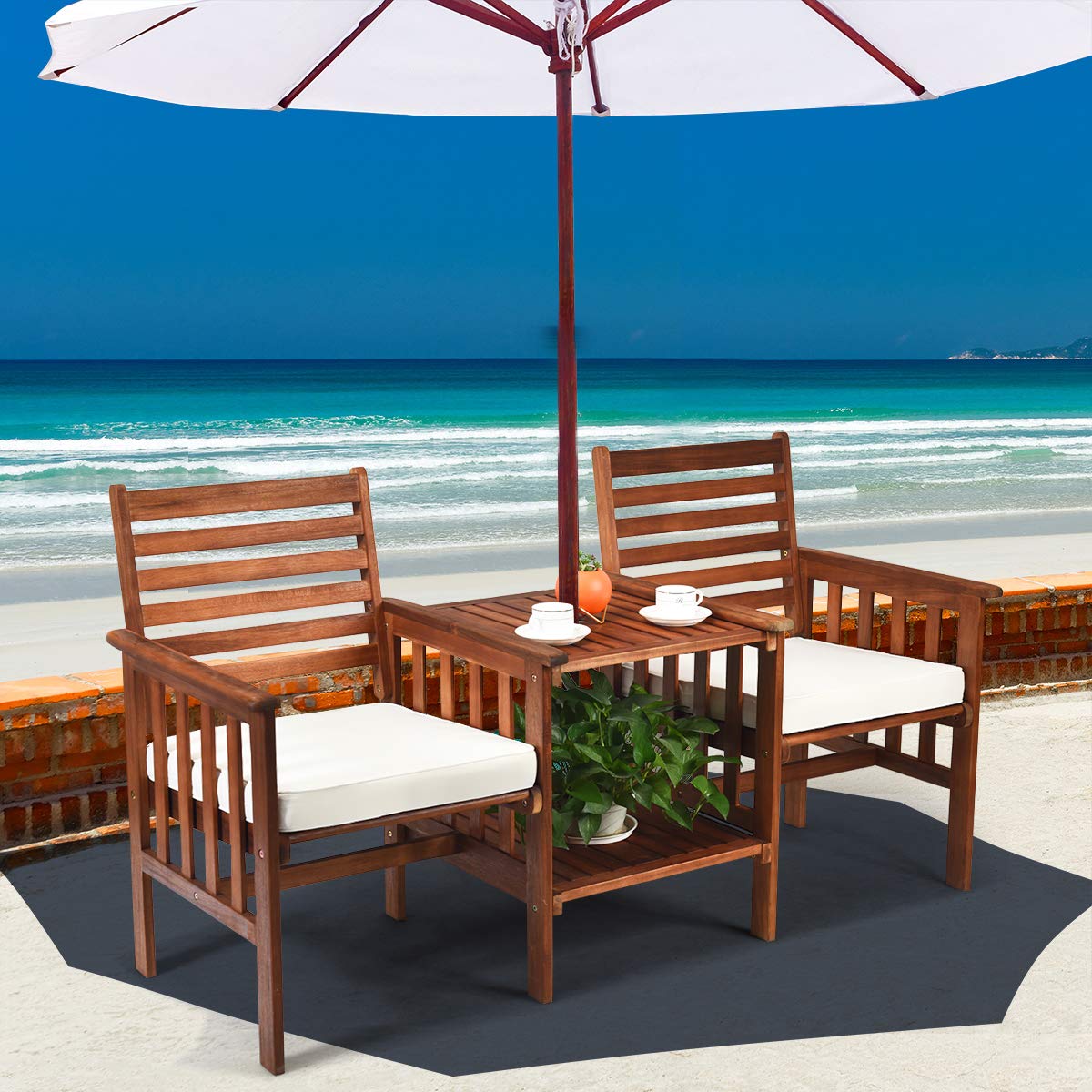 COSTWAY Gartenbank mit Tisch, 2-Sitzer Holzbank mit Sitzkissen & Schirmloch, Sitzbank aus Akazienholz bis 350 kg belastbar, Terrassenbank für Balkon, Garten, Terrasse, 165 x 65 x 88 cm