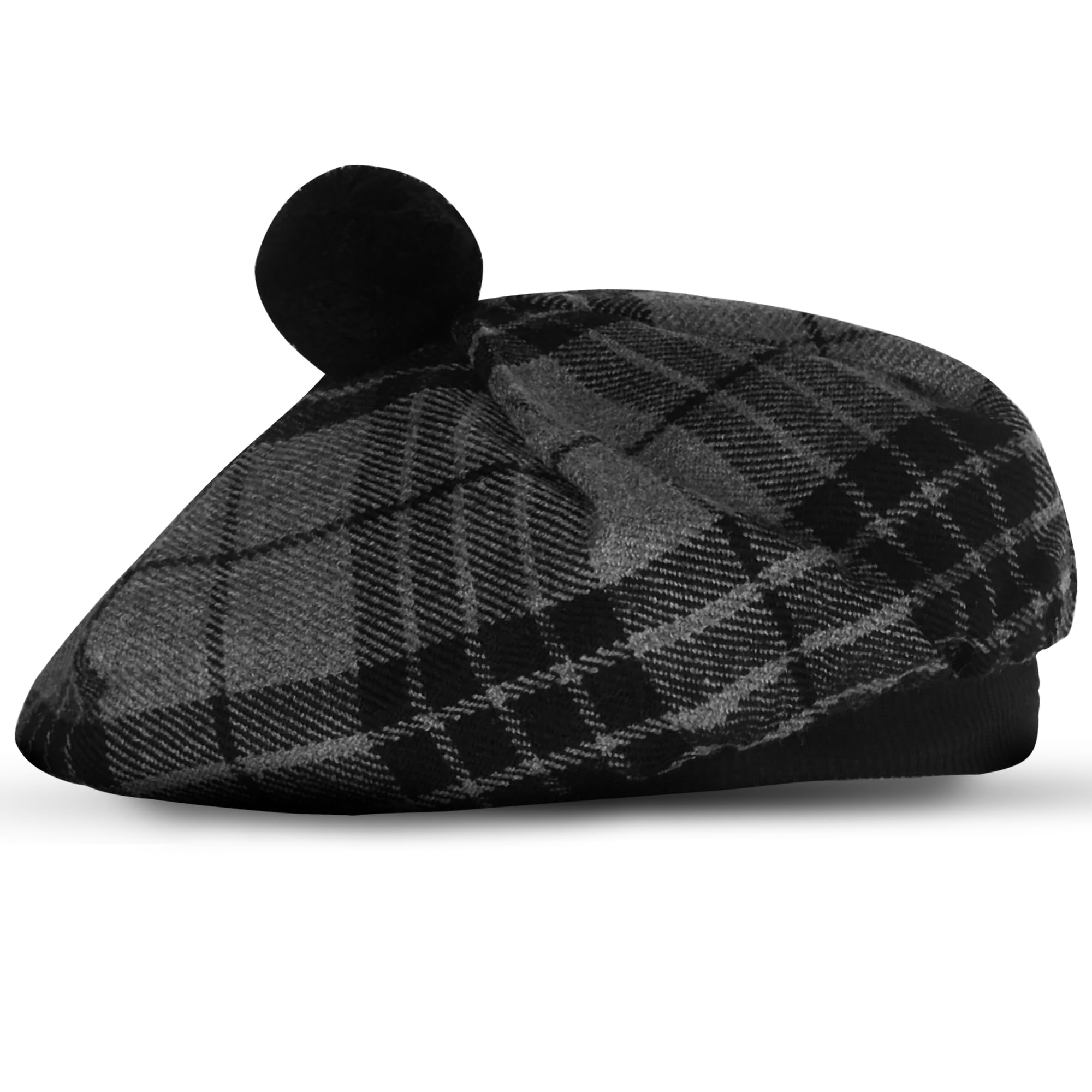 Scottish Tam O’ Shanter Hat Tartan Bonnet Pom Pom Wool Flat Cap One Size