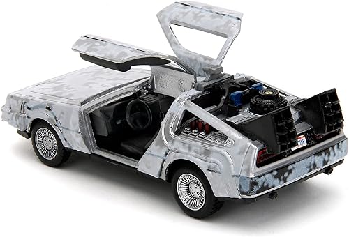 Miniatura 4 de DMC Delorean Time Machine Brushed Metal (Frost Version) Back to The Future (1985) Película Hollywood Rides Series 132 Modelo de auto fundido a