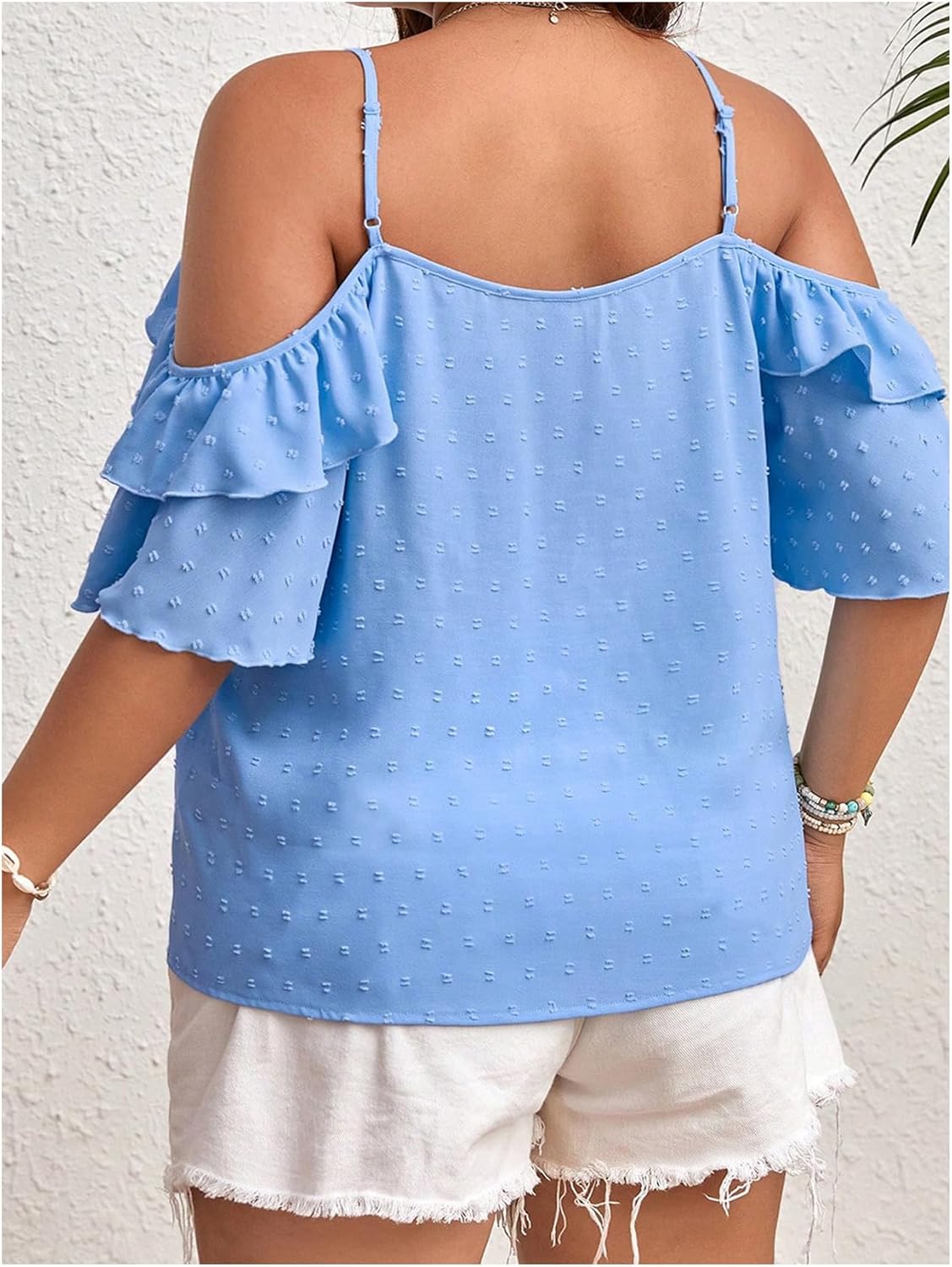 SOLY HUX Women's Plus Size Cold Shoulder Blouse Ruffle Trim Tie Front Shirts Casual Swiss Dots Tops - Image 2