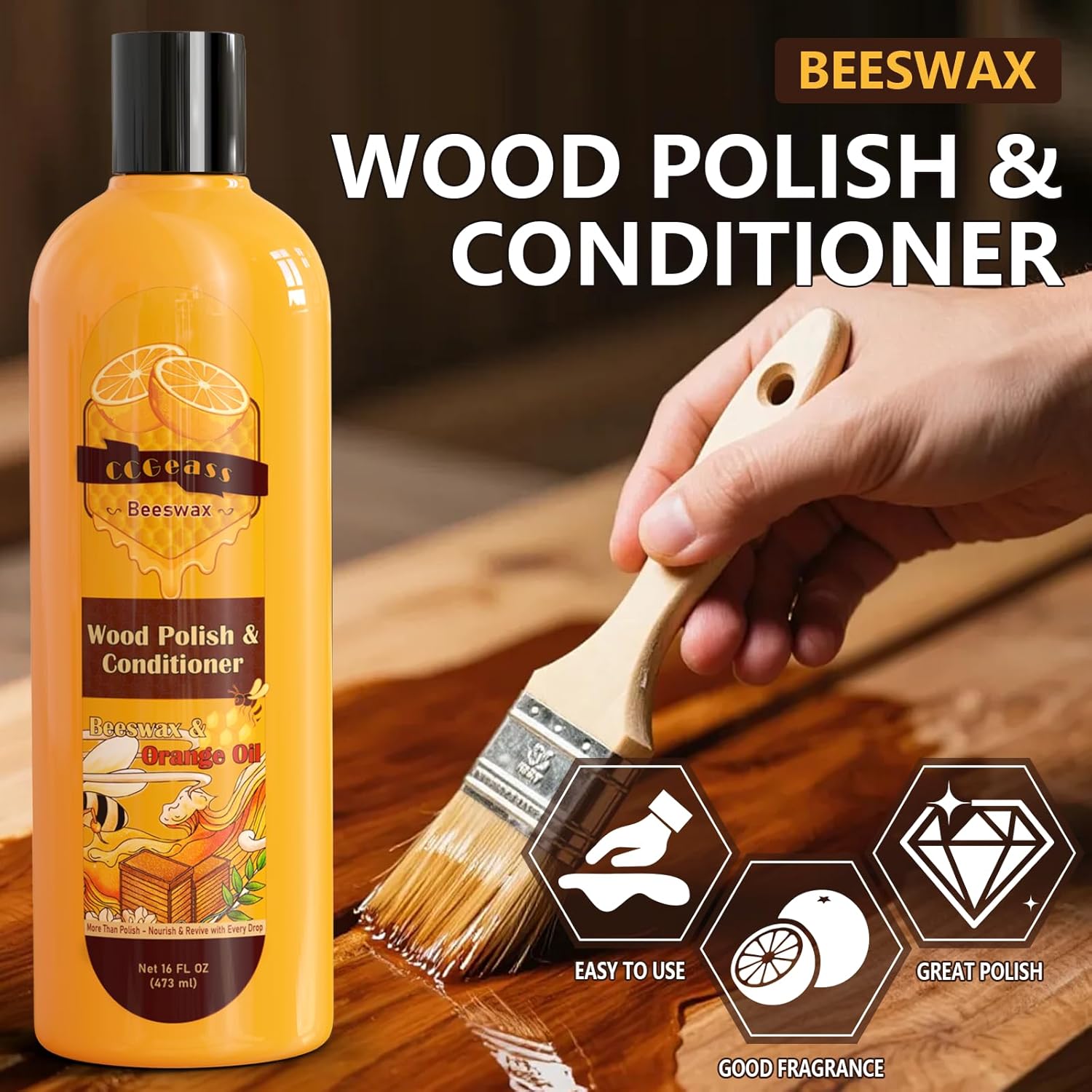 Beeswax Wood Polish & Conditioner, Natural Beeswax Orange Oil Conditioner Cleaner for Wood Furniture, Floors, Restores Shine & Waterproofs, 16 Fl Oz - Image 3