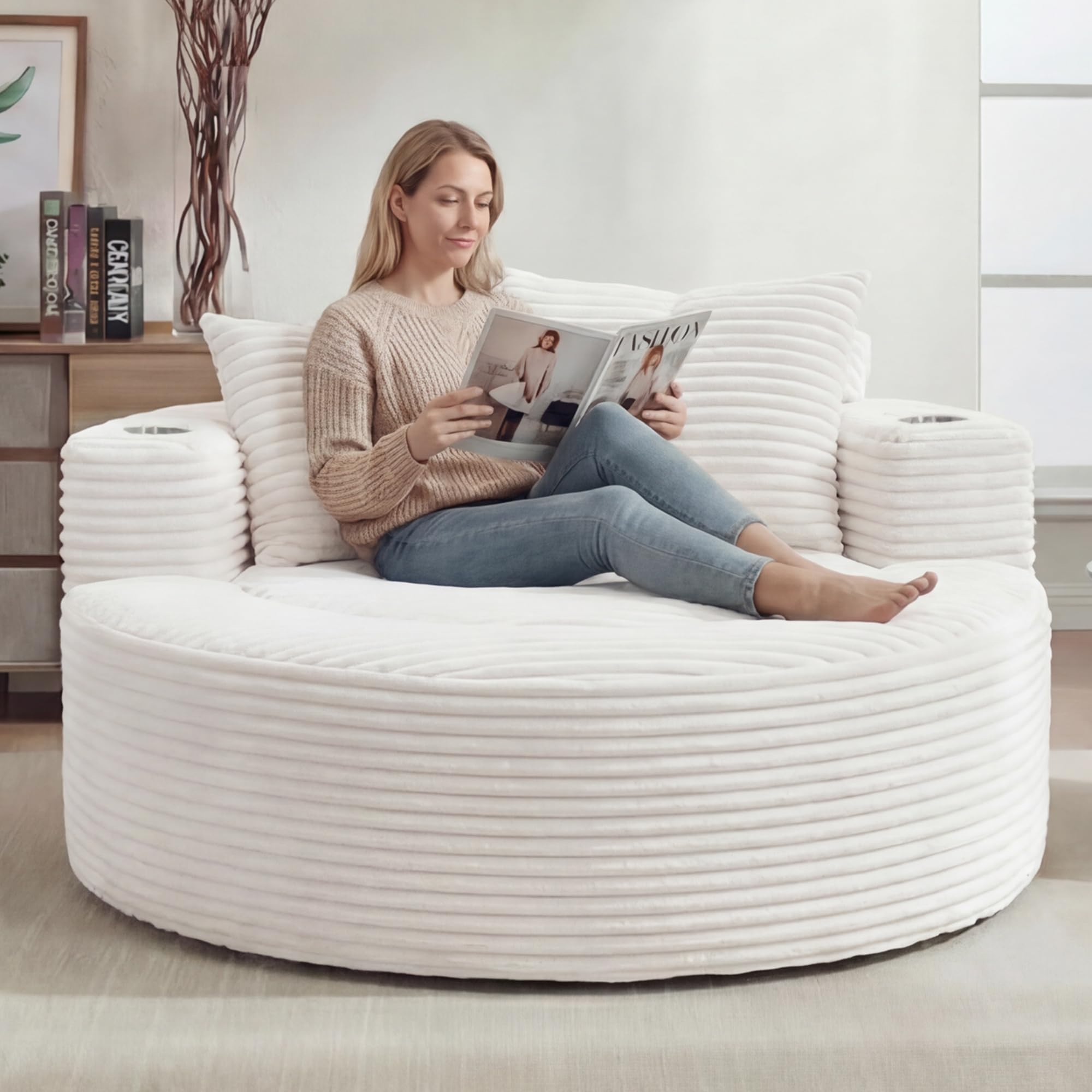 Oversized Round Chair Lounge Chaise Indoor, 55.5" Upholstered Corduroy Deep Seat Single Cloud Sofa Chair with Cup Holder, Modern Large Circle Boneless Sleeper Sofa for Living Room, Beige White
