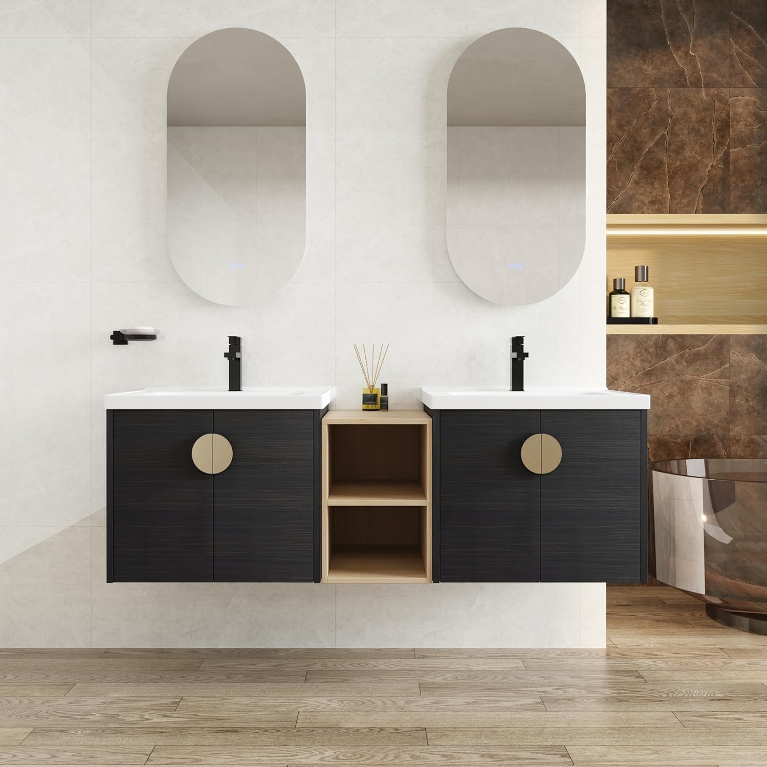 60"" Wall Mounted Bathroom Vanity with Sink, 60 Inch Floating Bathroom Vanity, Double Sink Bathroom Vanity Combo, Modern Black Bathroom Vanity Cabinet with 4 Doors and Mid Storage Shelve