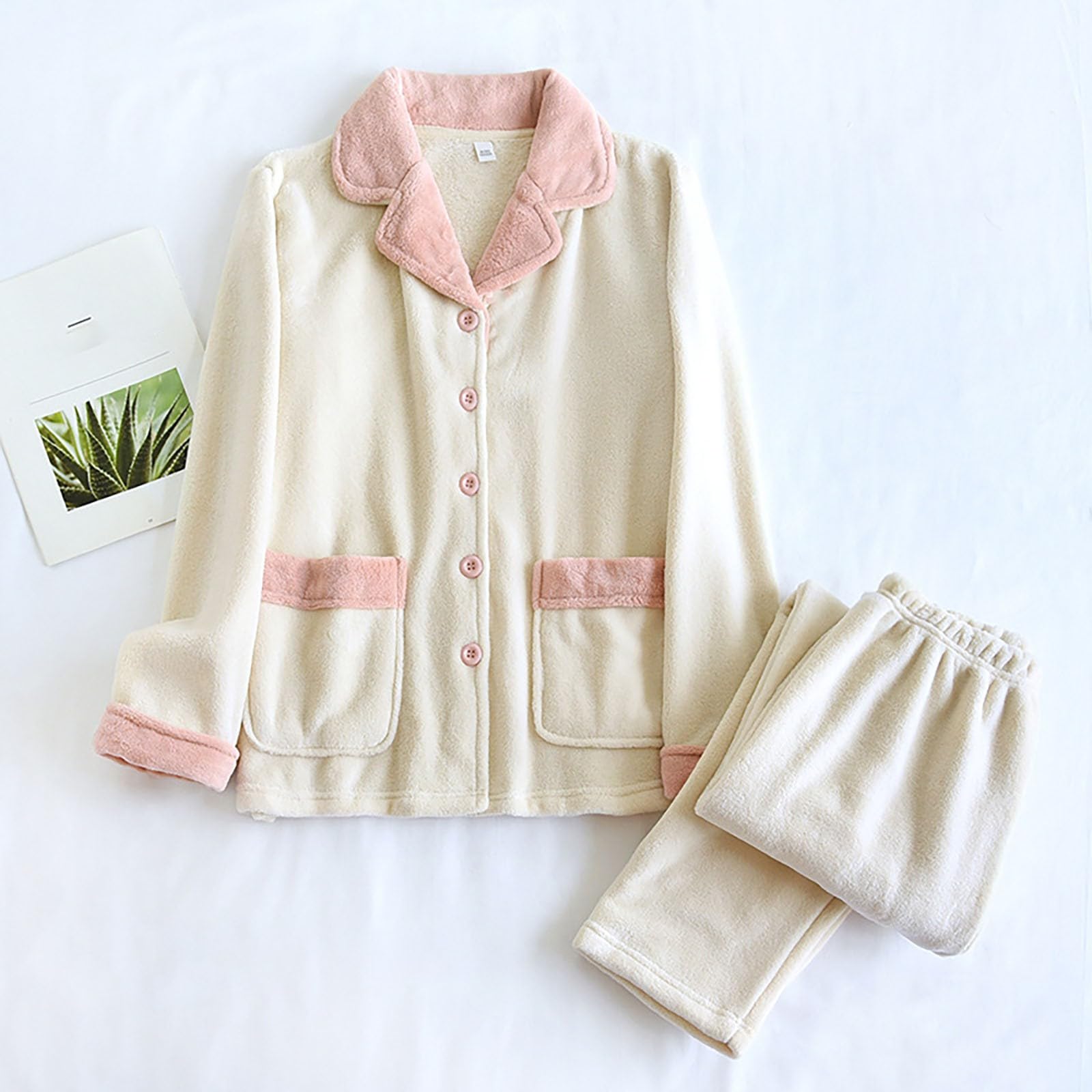 Generisch Pijama de franela para mujer, térmico, para invierno, forro polar, manga larga, cálido, ropa de dormir de invierno, forro polar, con tira de botones