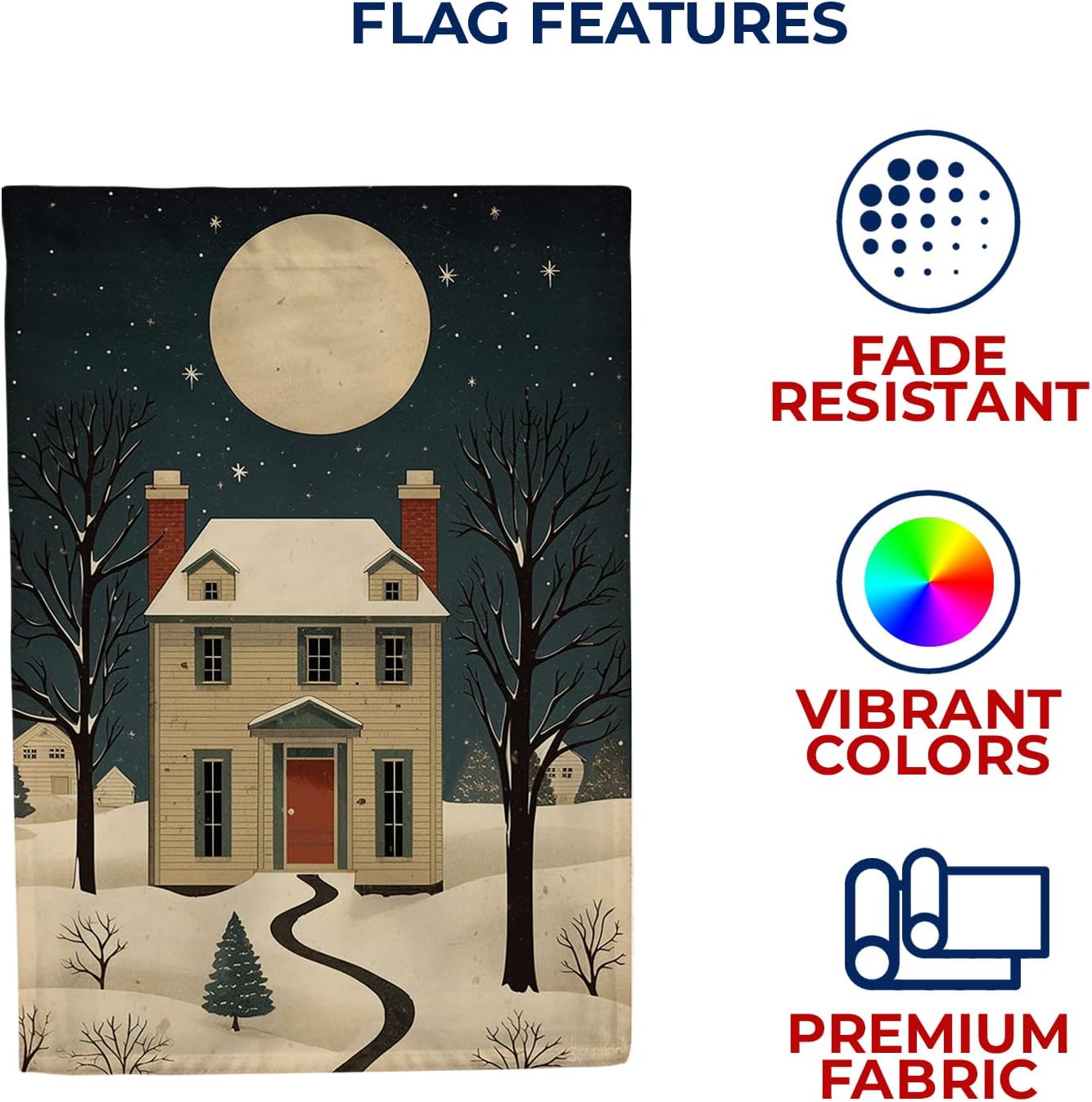 America Forever Warm Cozy At Home Winter House Flag, 28 x 40 inch Double Sided, Snowy Americana Starry Night, Seasonal Outdoor Banner, Yard Decoration, Cold Weather Holiday