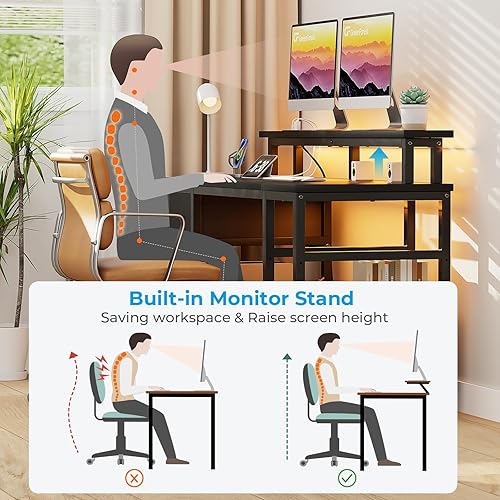 Miniatura 6 de GreenForest Escritorio para computadora con 2 cajones, escritorio para juegos de 50 pulgadas con luces LED y tomas de corriente, escritorio de