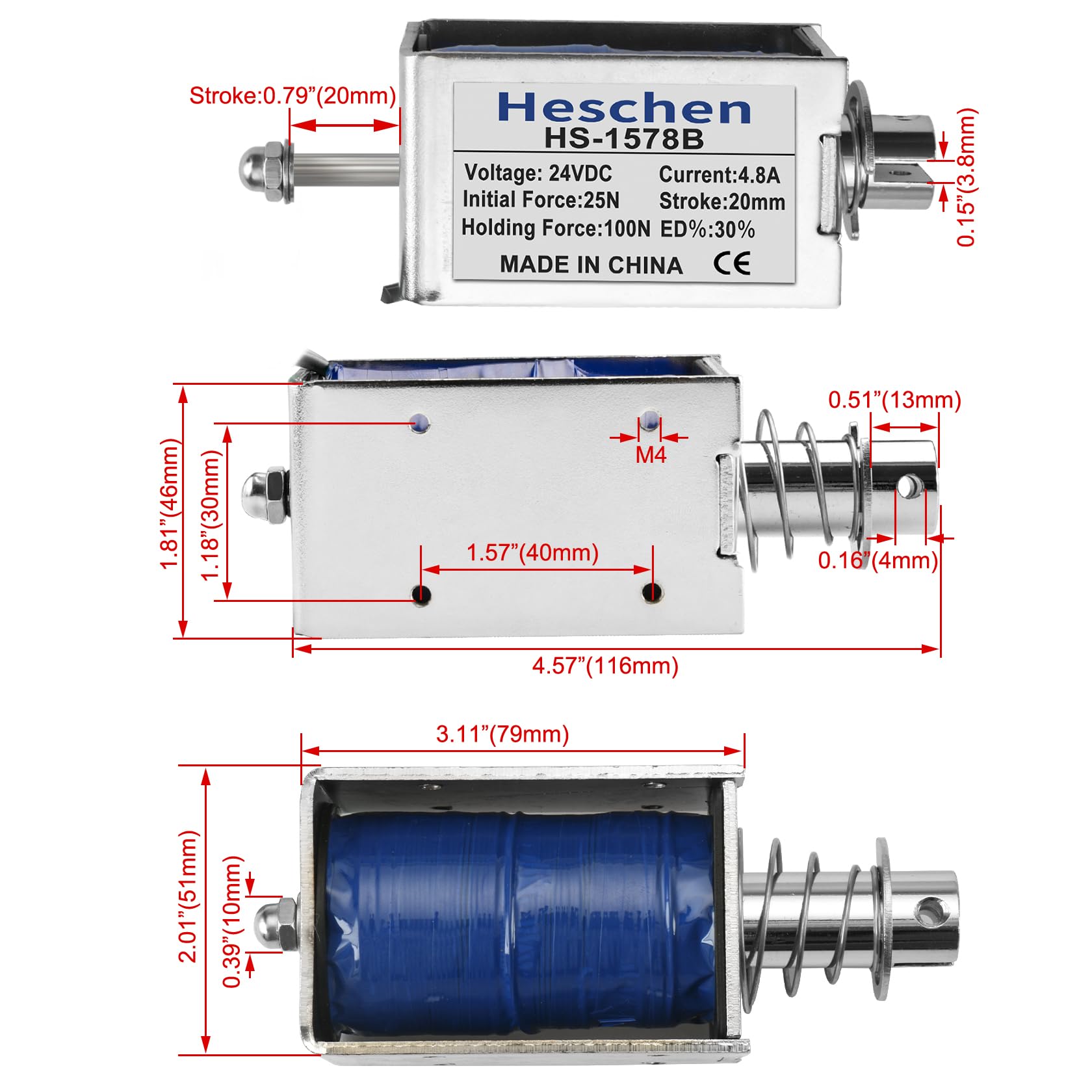 Heschen Electroimán de solenoide, HS-1578B, DC24V 3.2A, carrera de 25mm, fuerza 50N, tipo Push Pull Tipo, marco abierto, movimiento lineal
