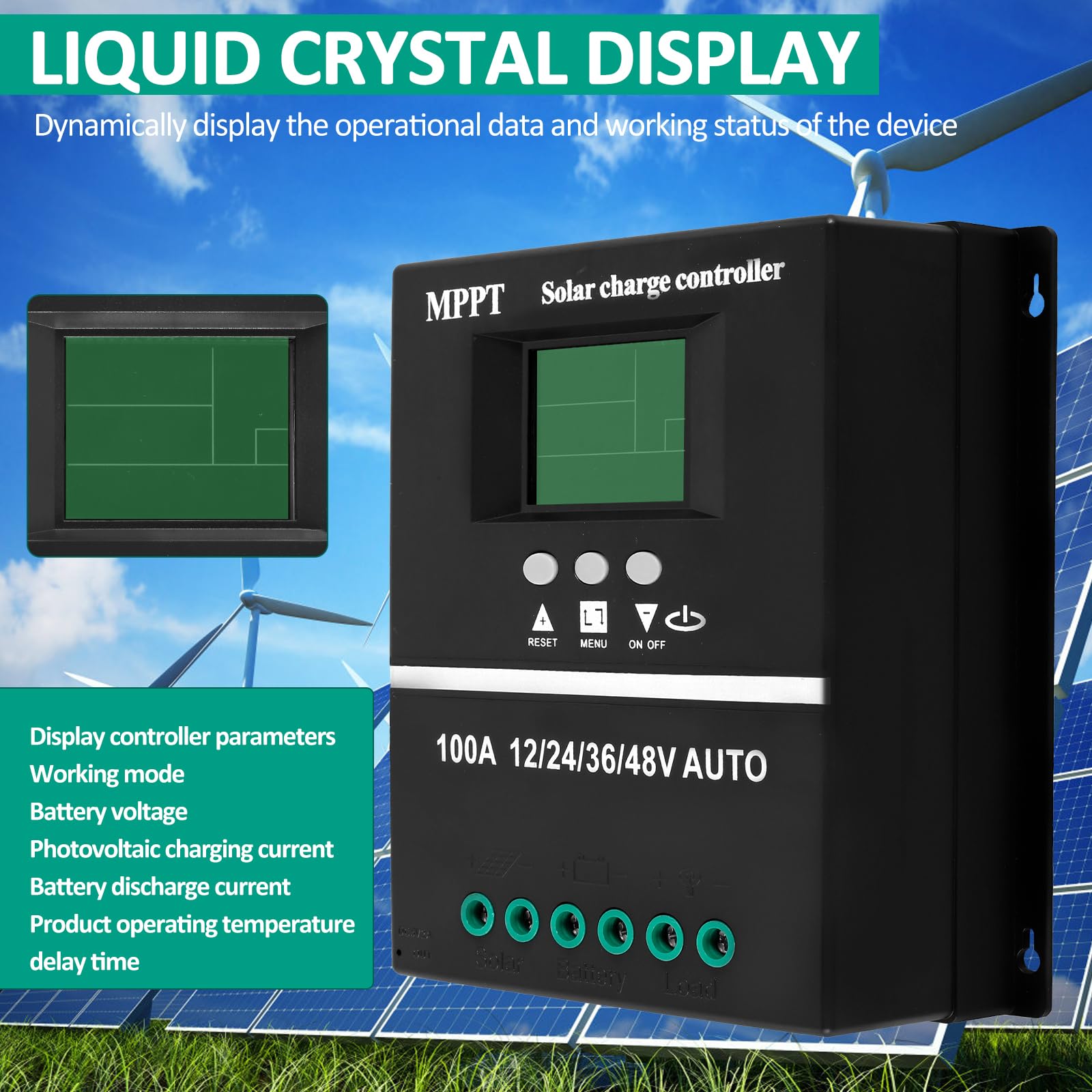 Regolatore di carica solare MPPT da 100 A, 12 V, 24 V, 36 V, 48 V, USB, display LCD con ingresso massimo 100 V, regolatore solare 12 V, mppt 100 A, per piombo-acido/litio per tutti i tipi di