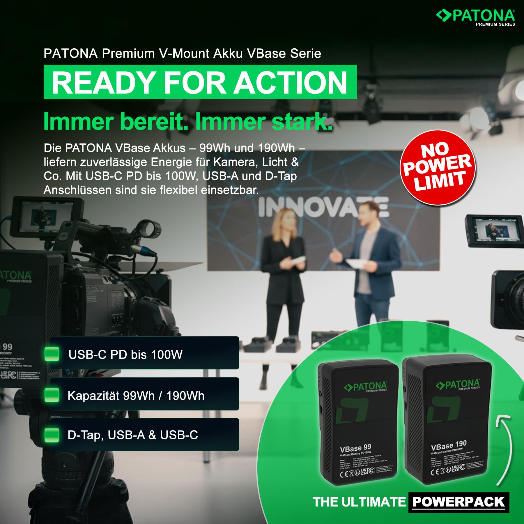 PATONA VBase 190 V-Mount Akku 190Wh mit V-Lock und PD 100W | USB-C, D-Tap und USB-A – Profi-Cinema-Akku für Kamera, Monitor und LED-Licht, inkl. Hardcase