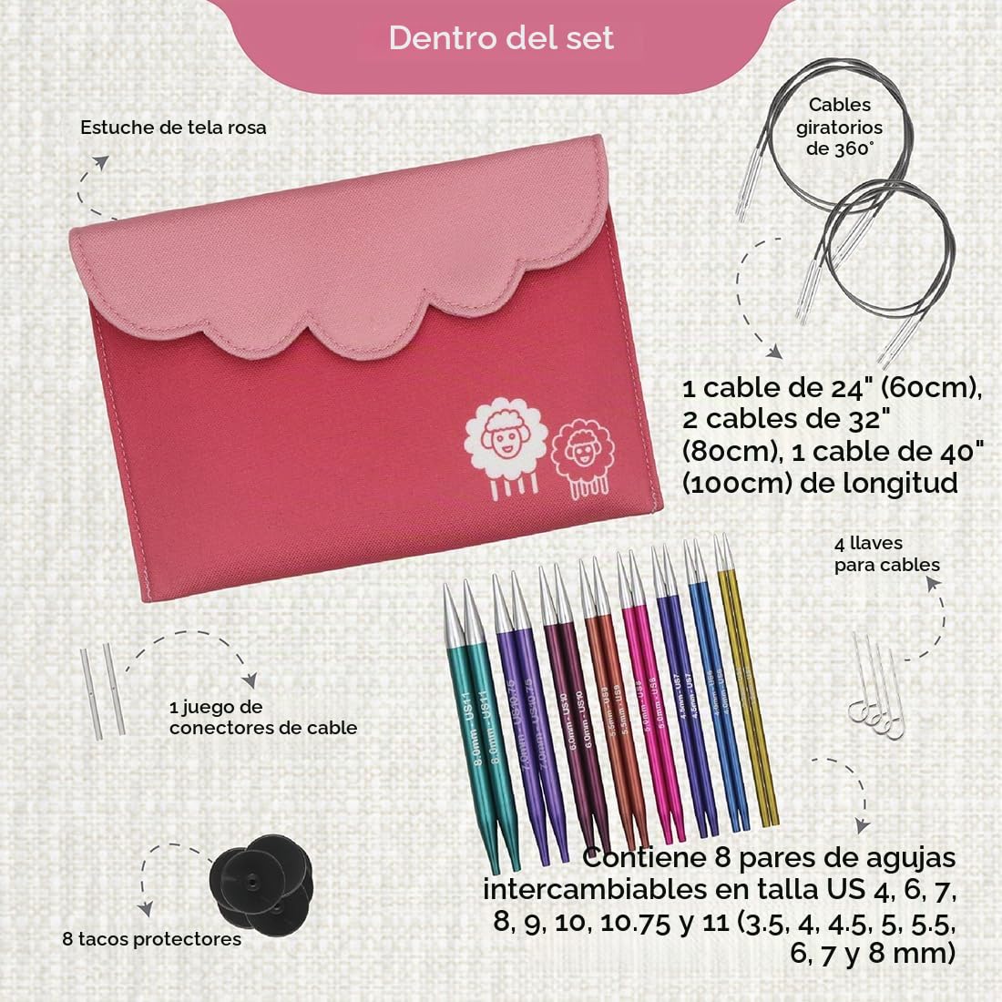 KnitPro Puntas de agujas de tejer circulares intercambiables, Zing Deluxe Set 3.50, 4.00, 4.50, 5.00, 5.50, 6.00, 7.00 y 8.00
