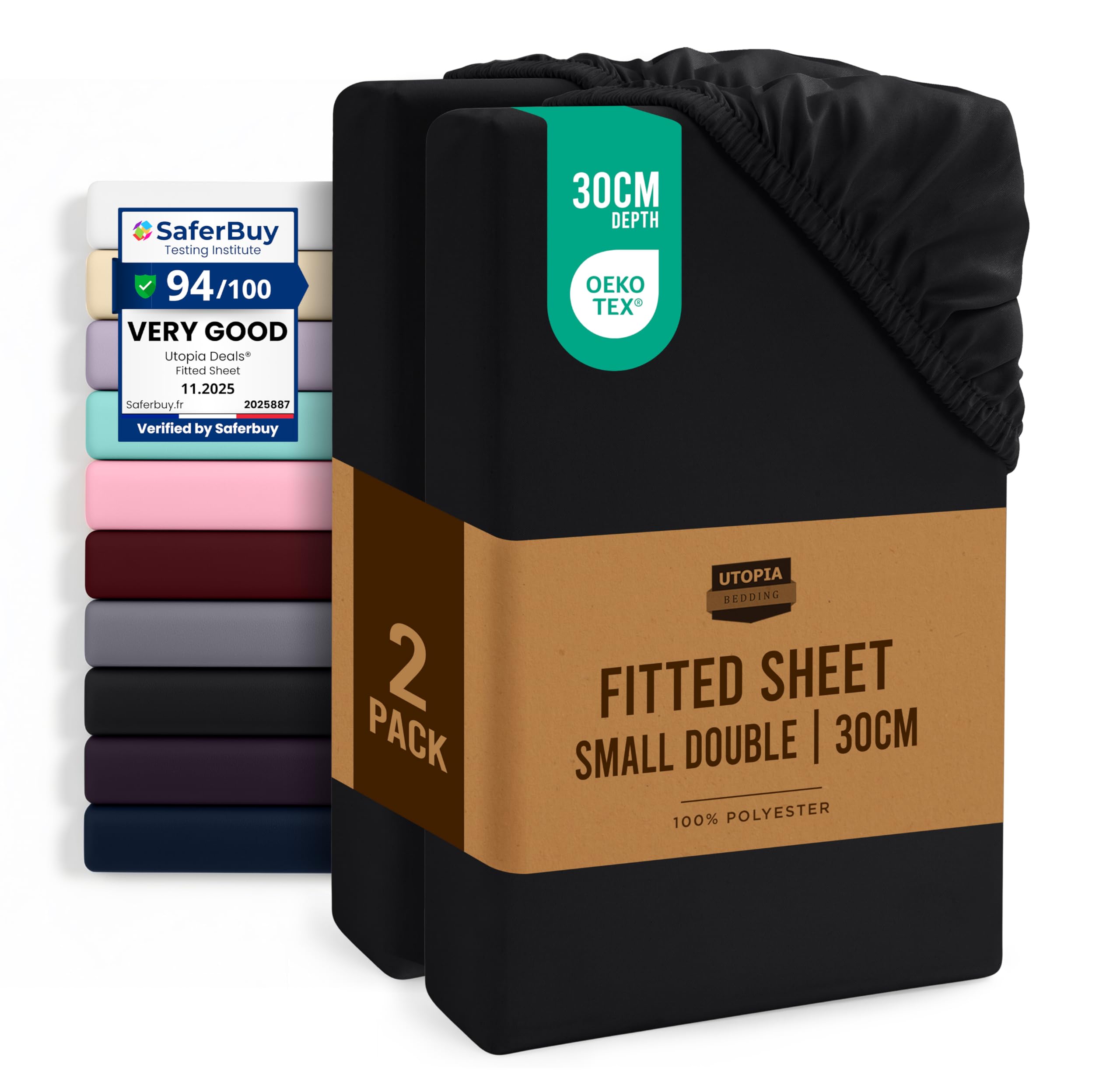 Utopia Bedding Fitted Sheet Small Double (2 Pack), Black - Deep Pocket 14 inch (30 cm) - Oeko Tex Certified - Easy Care - Soft Brushed Microfibre Fabric - Shrinkage and Fade Resistant - Bottom Sheet