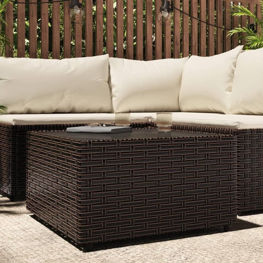Square Garden Coffee Table Brown with Tempered Glass Top, Durable Poly Rattan Outdoor Table for Patio Furniture and Balcony, Compact 19.7 x 19.7 x 11.8 in