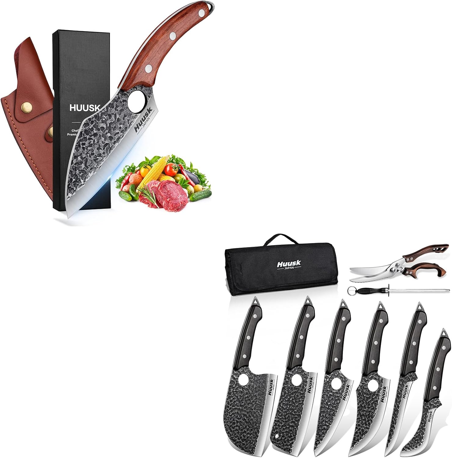 Huusk Serbian Chef Knife Set - 6Pcs Bundle with Butcher Knife for Meat Cutting, Japanese Kitchen Viking Knife with Sheath，Cooking Knives for Kitchen and Outdoor Camping, Thanksgiving Christmas Gifts