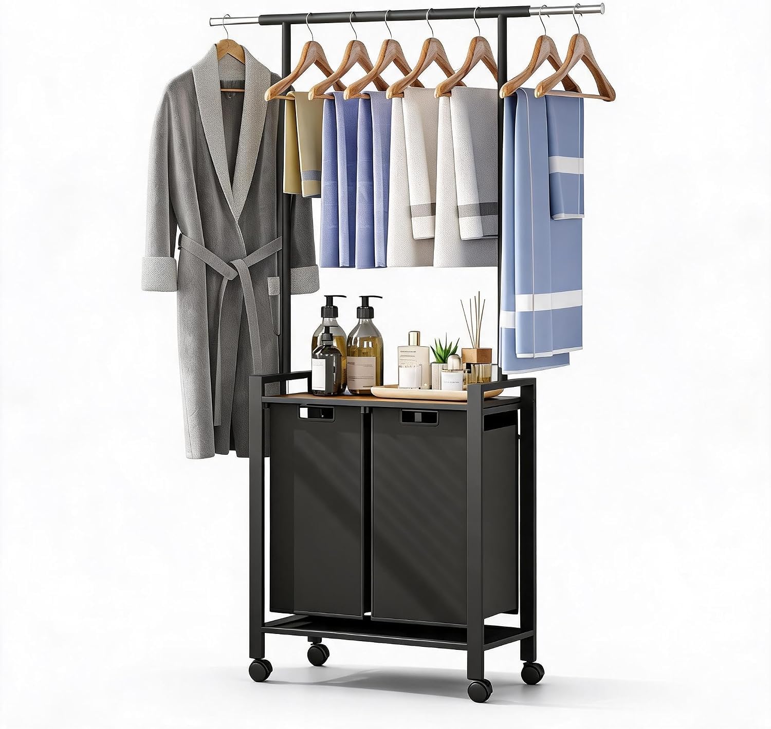 2-Section Rolling Laundry Sorter Cart - Hanging Bar Hamper for Laundry Room