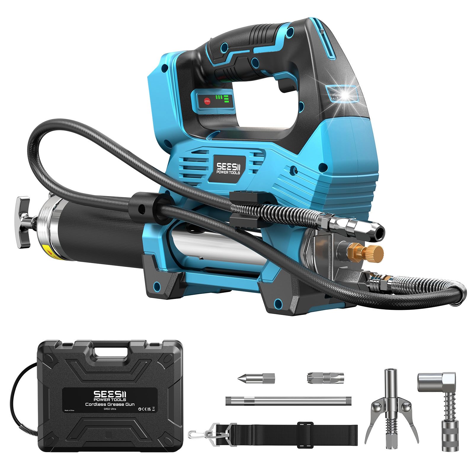Seesii 12000PSI Ingrassatore a Batteria compatibili Anche con batterie Makita da 18 V (batteria non inclusa), 3 velocità, Motore Brushless, 3 Testina Ingrassatore, Tubo da 1m, per Attrezzature Pesanti