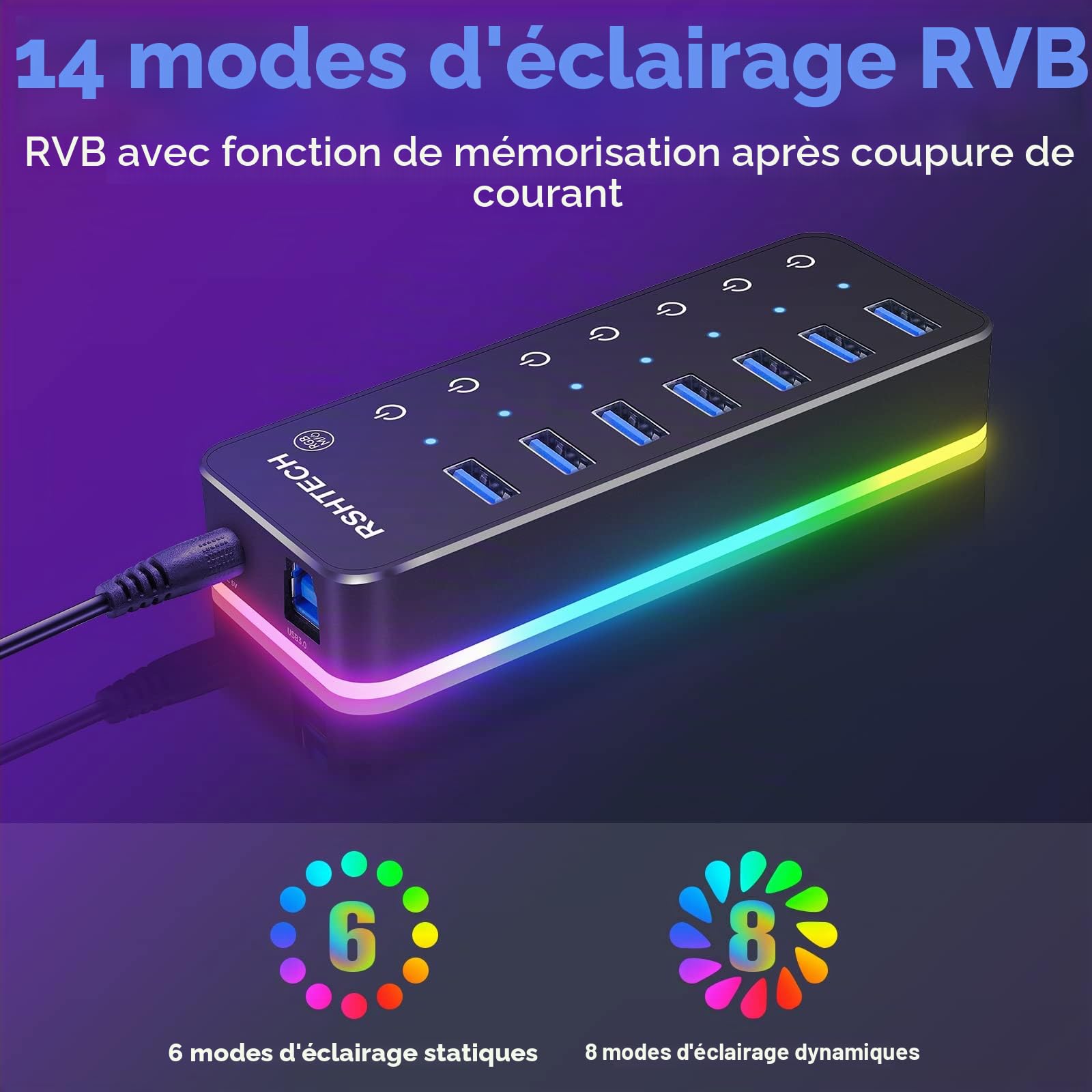 RSHTECH Hub USB Alimenté, Aluminum USB 3.0 Hub 7 Ports RGB, RSH-518R | 14 Modes d'éclairage RGB, Alimentation 5V/4A, Interrupteur Tactile et Câble de Données (Type A/C), Hub USB Gamer RGB