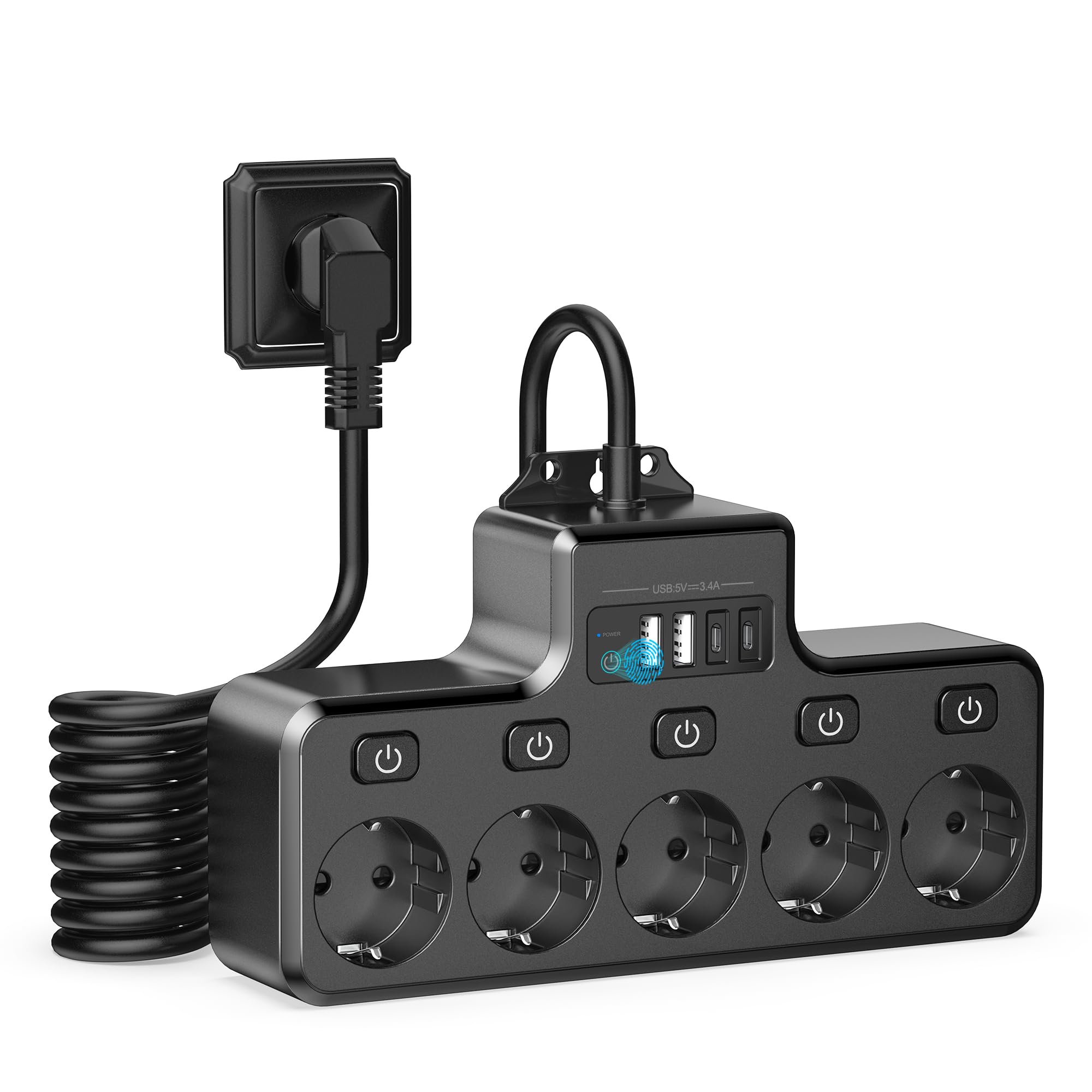 COLSTAR Steckdosenleiste mit Überspannungsschutz, 5-Fach & einzeln schaltbar, mit 2 USB-A und 2 USB-C – für Wandmontage in Küche, Büro, Wohnzimmer, 1,8 m Kabel, 4000 W / 16 A