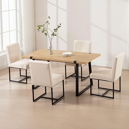 Vista 3 de Juego de 6 sillas de comedor modernas con fundas de asiento extraíbles, sillas tapizadas de lino para cocina y comedor con marco de metal negro
