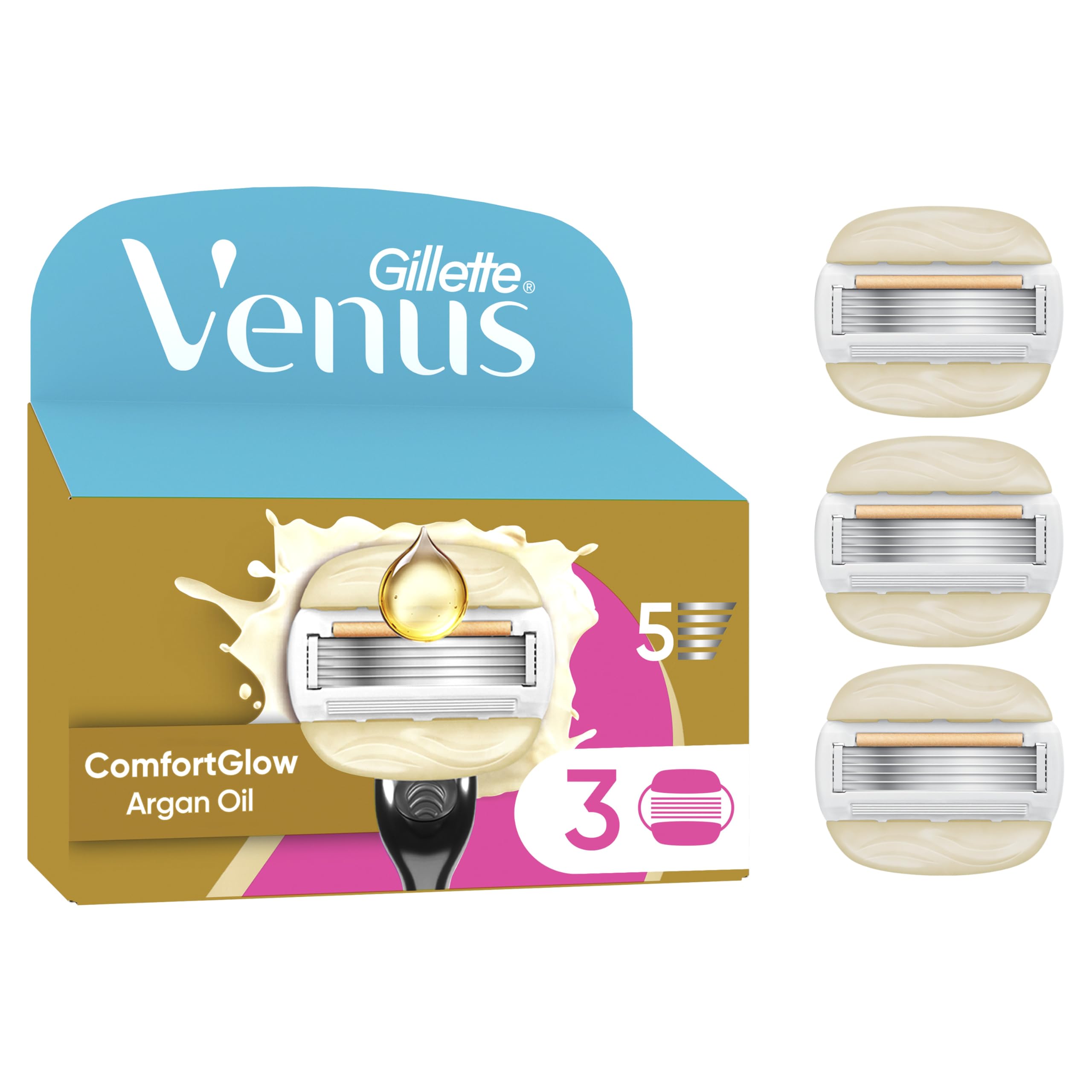 Gillette Venus Lames de Rasoir Femme, 3 Recharges Comfort Glow | Formule à l’Huile d’Argan Conçue pour la Peau Sèche, Barres Hydratantes, Mousse et Rase, 1 Rechange Jusqu’à 30 Jours