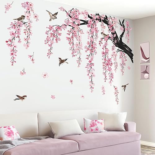 Miniatura 4 de wondever Calcomanías de pared de ramas de árbol de flores grandes, flores de cerezo rosa, pájaros florales, calcomanías artísticas para pared de