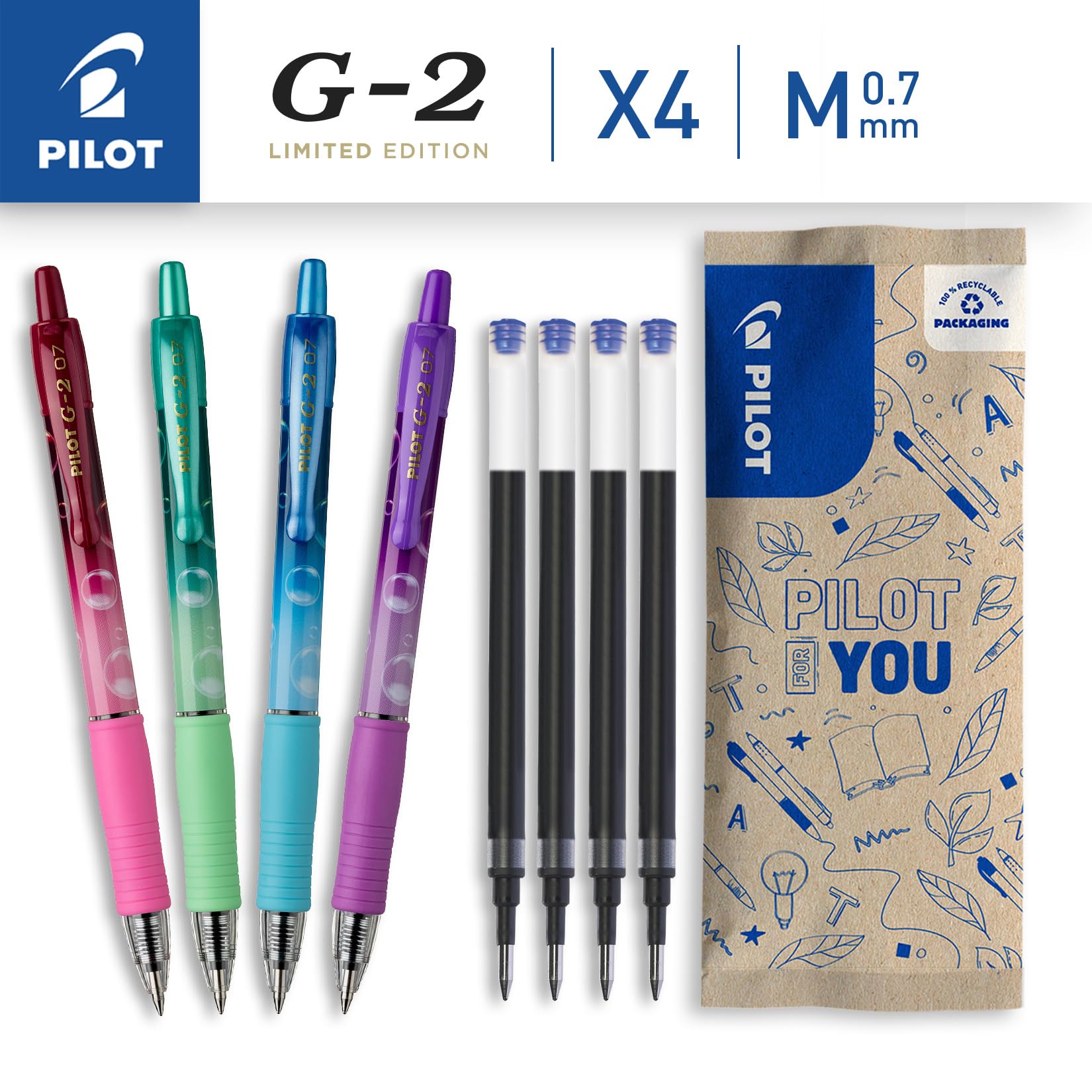PILOT, Set of 4 G2 Bubble + 4 Refills, Retractable and Refillable Gel Roller Pens, Excellent Writing Comfort - Image 2