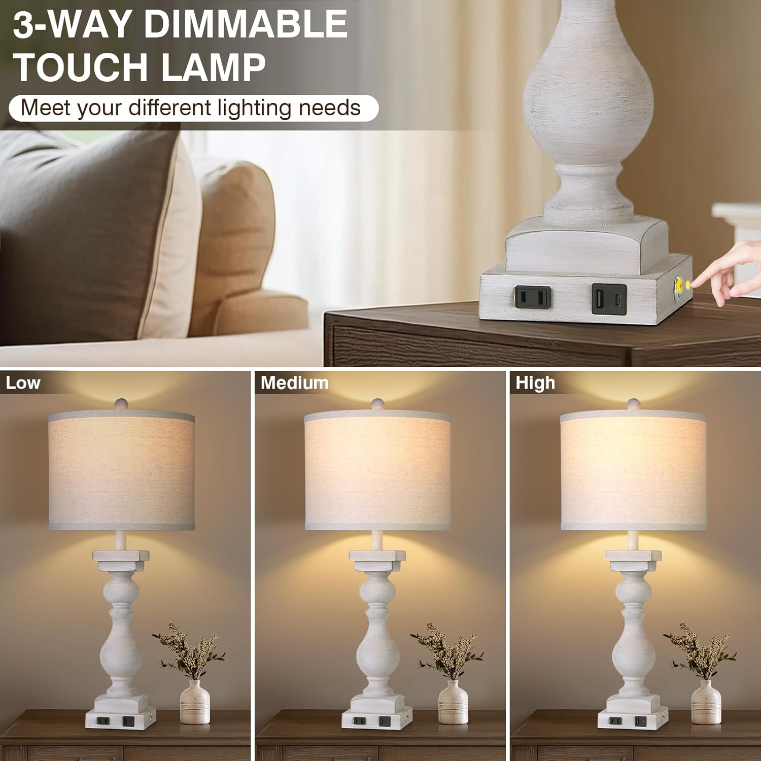 28" Tall Farmhouse Table Lamps Set of 2 with USB A+C Ports and AC Outlet, 3 Way Touch Rustic Bedside Lamps for Living Room, White Vintage Lamps for Bedroom