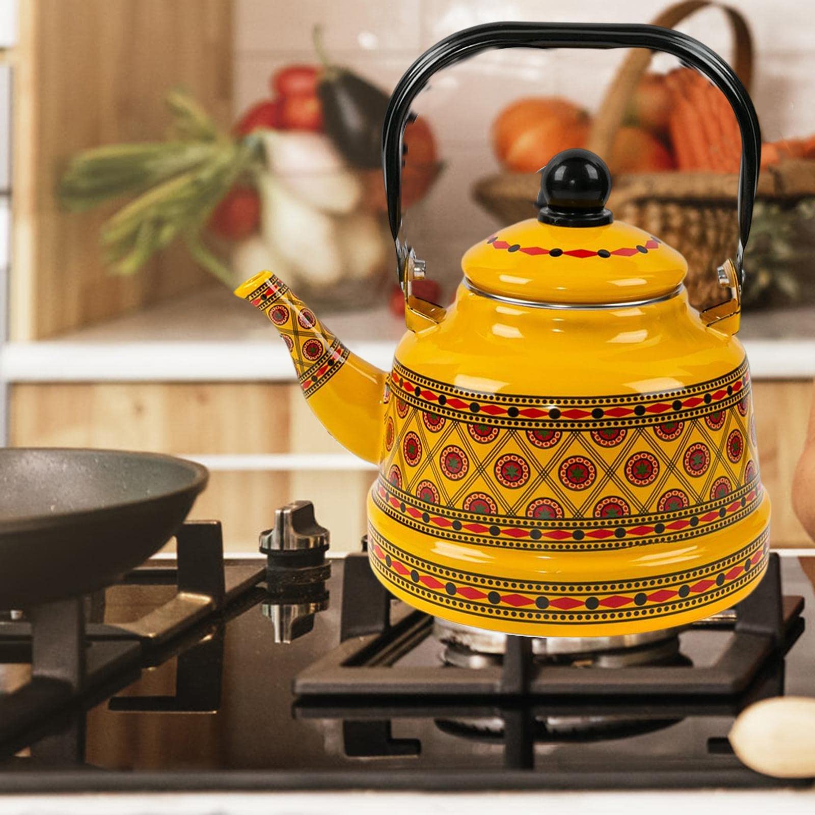 2,5 l emaillierter Teekessel, tragbarer Warmwassertopf, Geschirr, glasiert, klassisches Design, kein Pfeifen, Teekessel für den Herd zum Picknick, gelber Stil B (gelber Stil B)