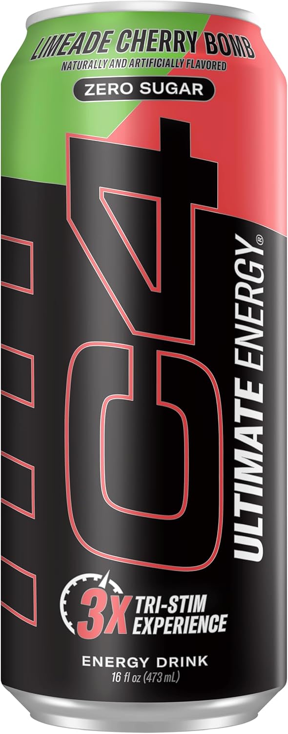 C4 Ultimate Zero Sugar Energy Drink, Tri-Stim Experience with 300mg Caffeine + TeaCrine + Dynamine, Limeade Cherry Bomb, 16oz (Pack of 12)