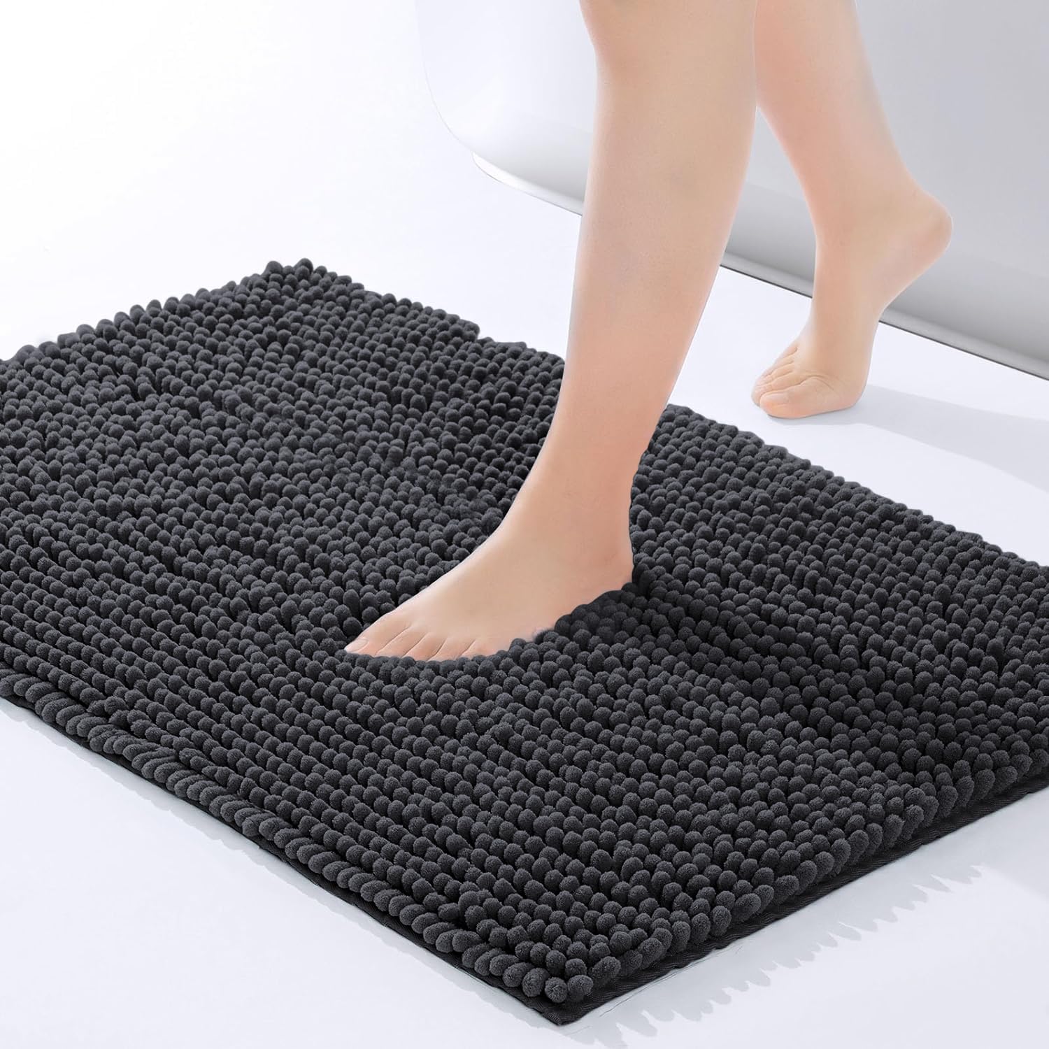 Imperial Rooms Bath Mat Non Slip Anti Mould – Black Chenille Shower Mat 50 x 80 cm Machine Washable Bathroom Mat Extra Soft Fluffy Super Absorbent Bath Mats — image 1