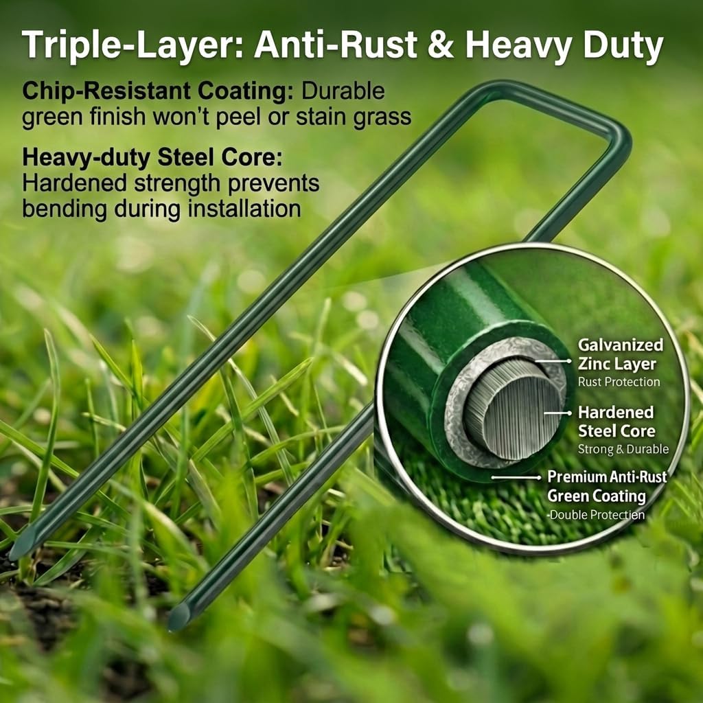 100pcs Green Landscape Staples Heavy Duty 6 Inch 11 Gauge, Lawn Stakes Pins with Coating, Rust Resistant, Blends into Grass for Artificial Turf, Weed Barrier, Pet Fence, Outdoor Decor