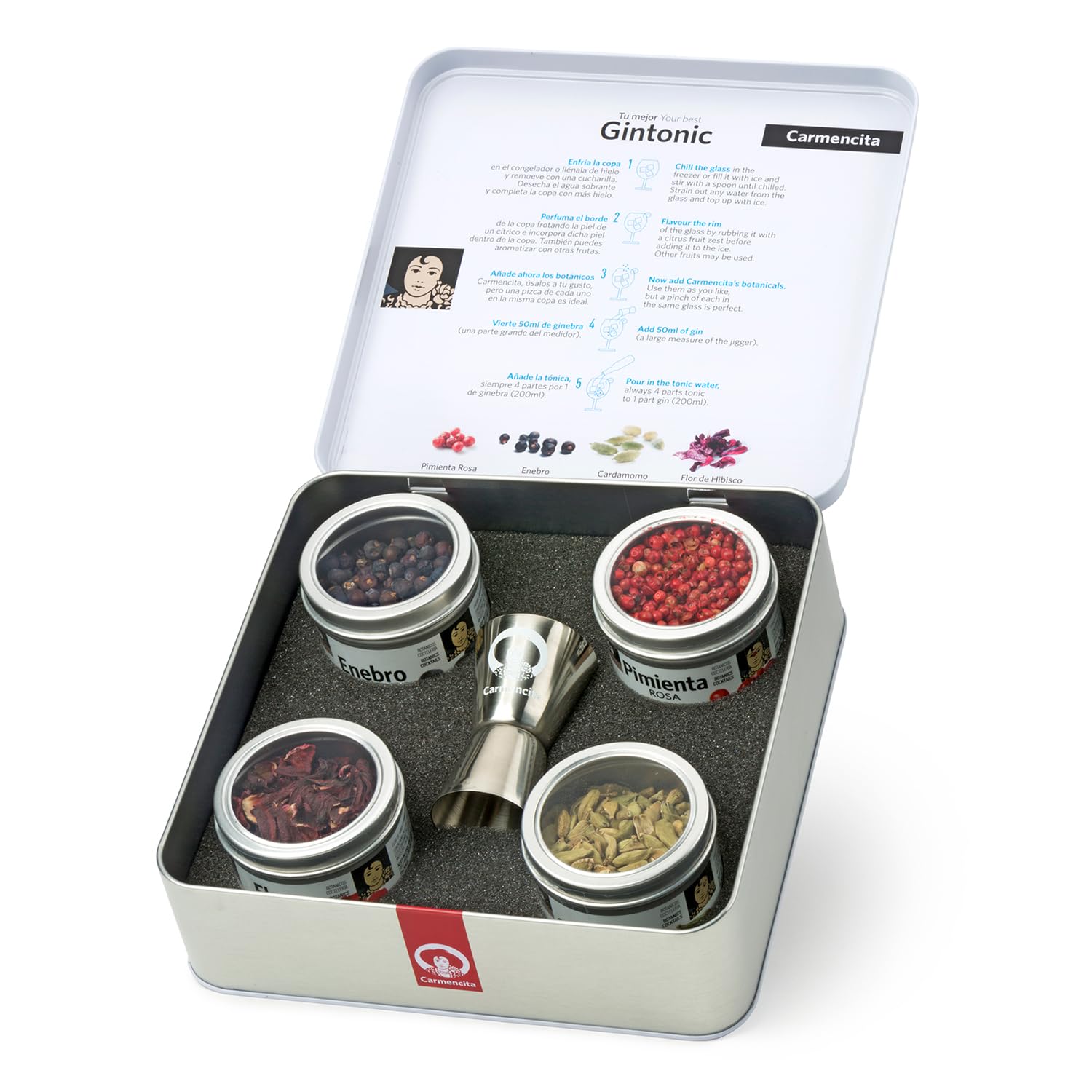 Carmencita - Kit Lata Gin Botánicos | 4 Botánicos + Medidor + Instrucciones | Infusiones y Especias para preparar y aromatizar Gin Tonic | Kit Regalos