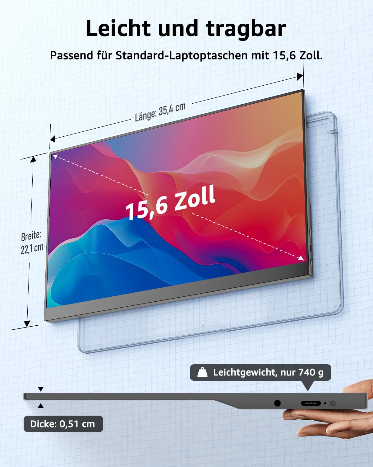 Yodoit Tragbarer Monitor 15,6 Zoll FHD IPS USB-C HDMI mit Schutzhülle Lautsprecher für Laptop PC Xbox PS5 Switch