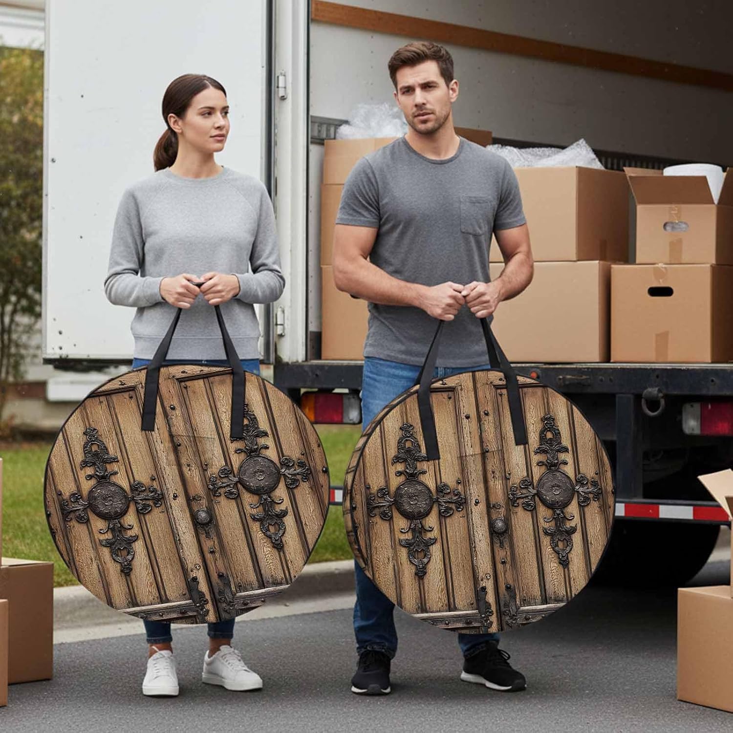 Wooden Door Round Storage Bag 36 Inch, Barn Door Farmhouse Clothes Storage Container with Handles Heavy Duty Organizer for Comforter, Bedding & Holiday Wreaths