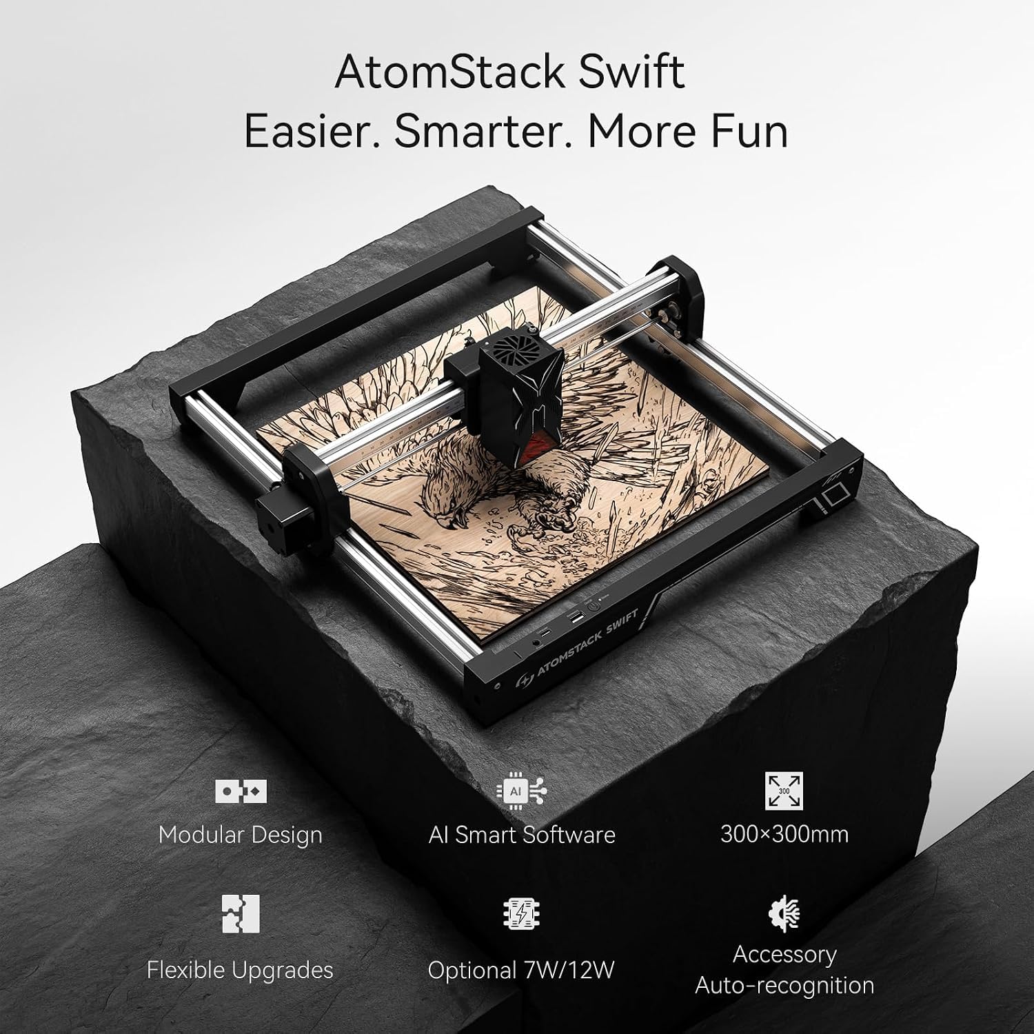 ATOMSTACK Swift 7W Laser Graviermaschine mit R8 Rotary Roller | 0,01 mm Hochpräzise Laser Cutter, Anfänger Lasergravierer für Holz Acryl Leder, Präzise Gravur von Zylindern