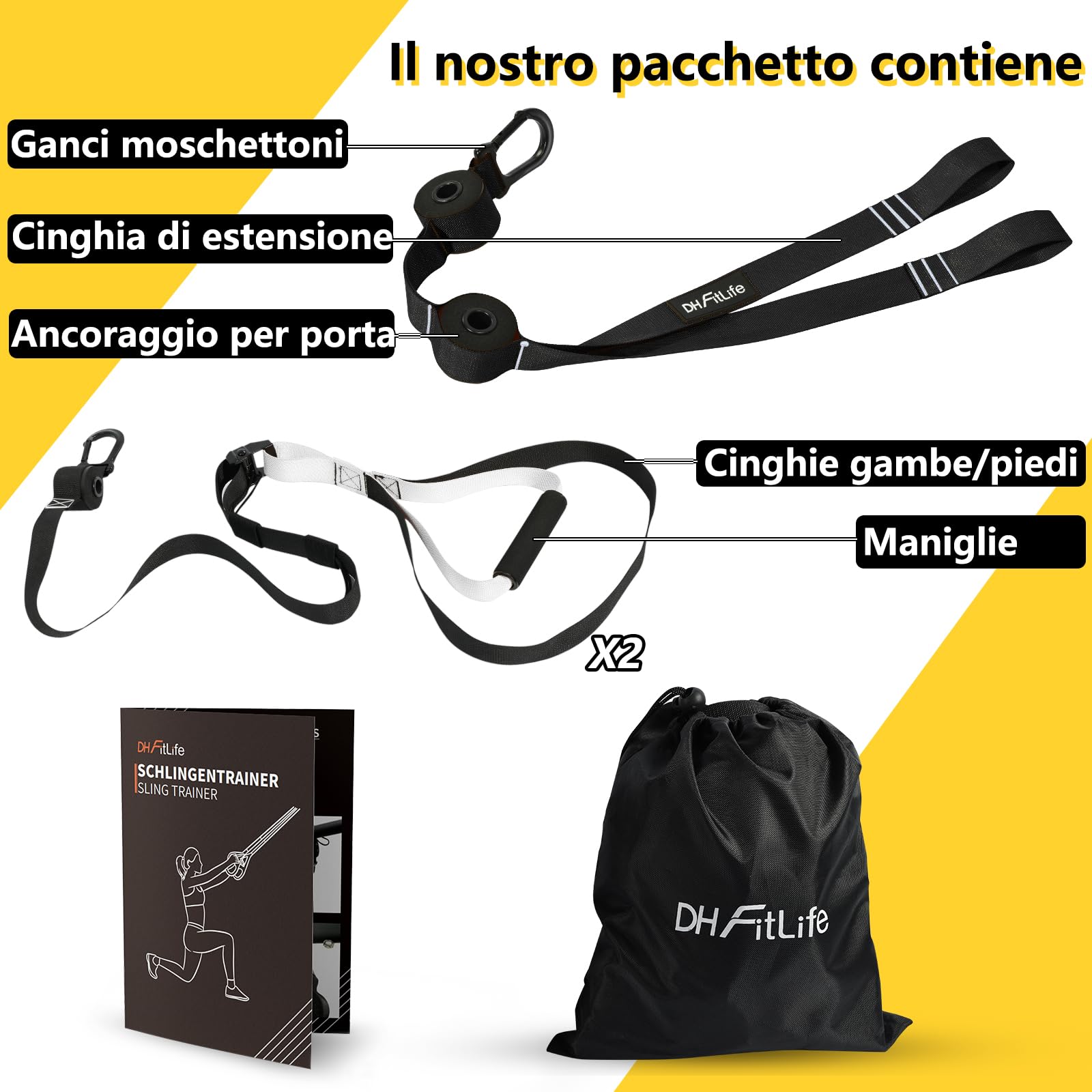 DH FitLife Sling Trainer per l'allenamento di Tutto il Corpo, Set di Suspension Trainer per l'allenamento della Forza, Resistenza del Peso Corporeo per la Casa e in Viaggio, con Libro di Allenamento