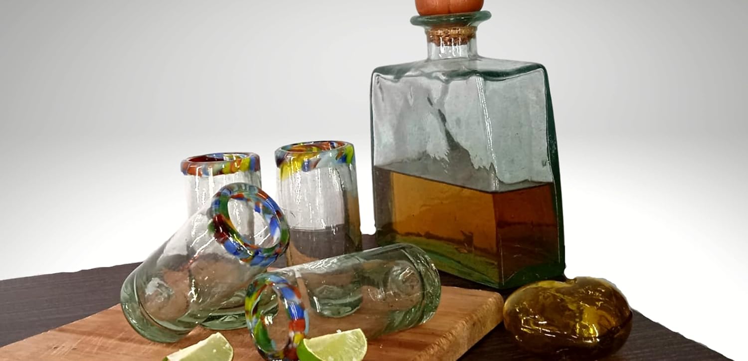 Authentic Mexican Tequila Shot Glasses - Tequila Set of shot glasses - 4 pcs - 2 Oz - Mexican Hand Blown Shot Glass (Confetti Rim)