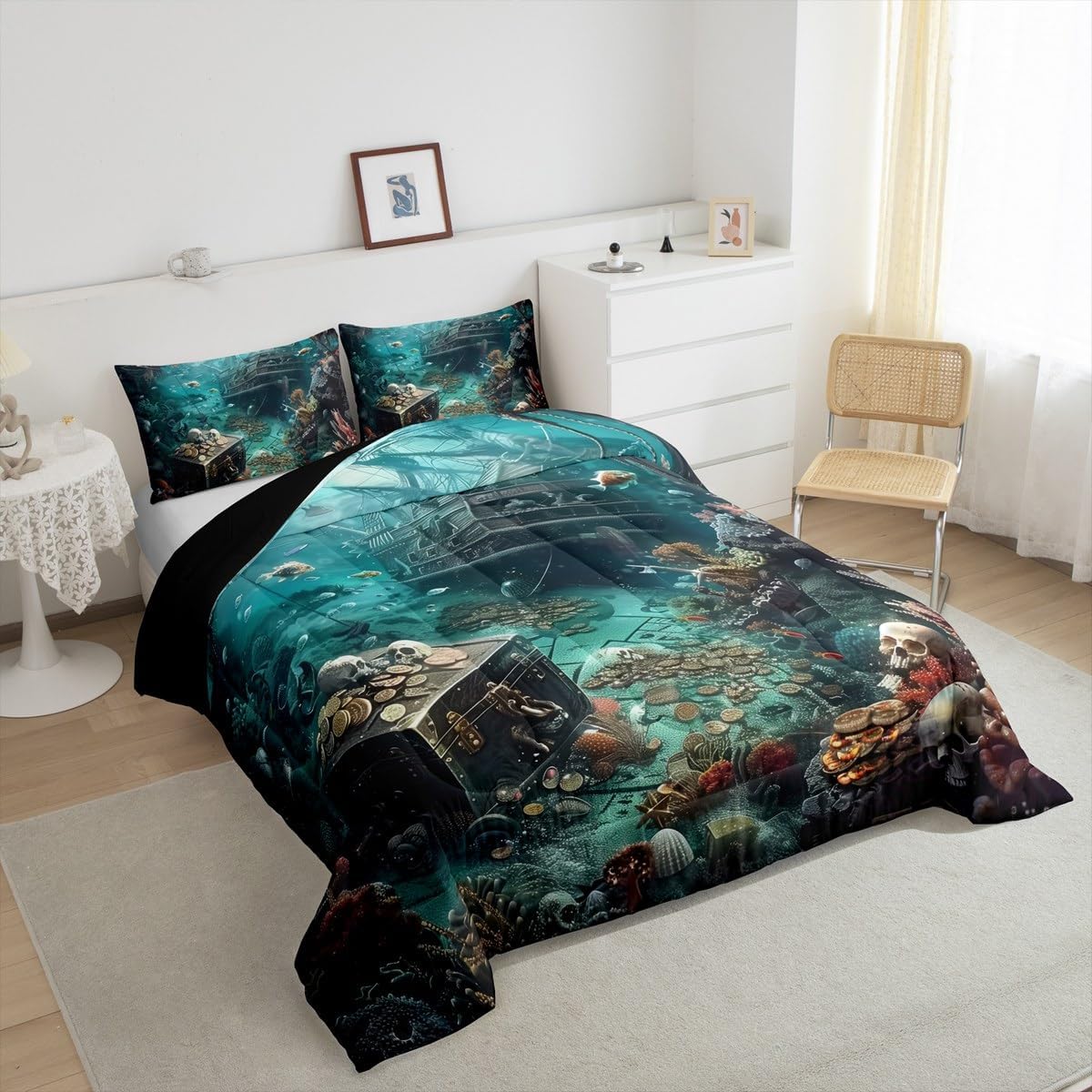 Erosebridal Pirate Ship Queen Bedding Set,Nautical Sailboat Comforter Set for Boys Teen Kids Room Decor,Sail Boat Sailing Quilt Bed Set Teal Ocean Marine Bedding Comforter Sets with 2 Pillowcases