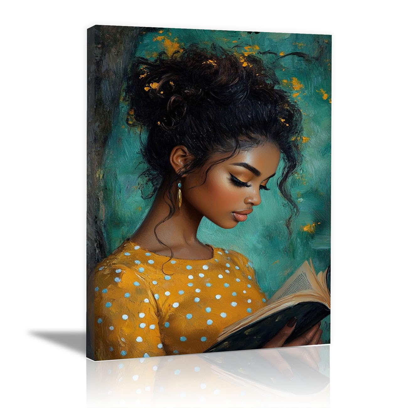QUSAAOU Black Woman Canvas Wall Curly Lady Reading Polka Dot Top landscape Graffiti Canvas Art Posters Prints African Woman Modern Picture For Living Room Bedroom Office(teal)-30x45cm1 Framed