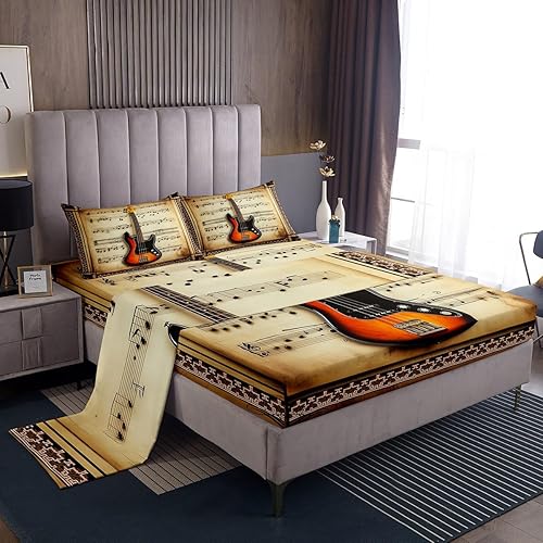 Castle Fairy Juego de sábanas con estampado musical rústico, tamaño individual, juego de sábanas con estampado de instrumentos de guitarra y bajo,