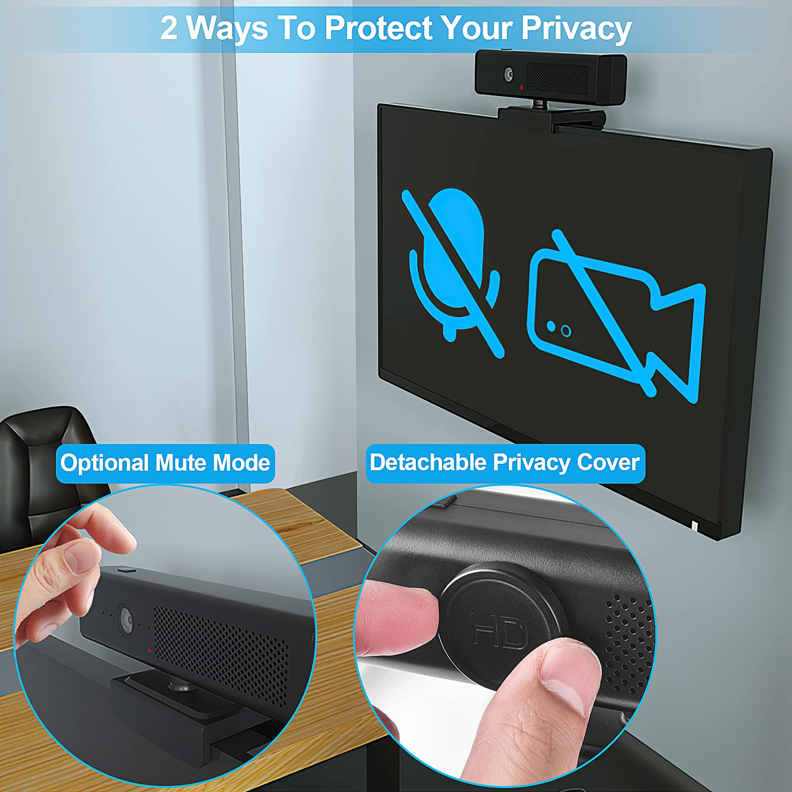 Cámara de computadora Full HD 1080P con 4 micrófonos omnidireccionales integrados y altavoz para transmisión de videoconferencias, cámara web externa USB con cubierta magnética de privacidad para