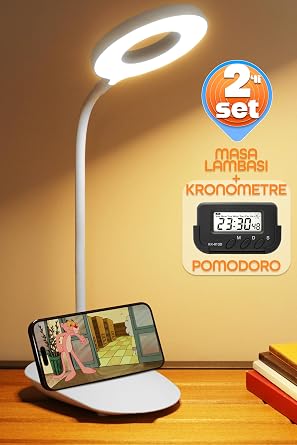 2li SET Şarjlı Masa Lambası + Kronometreli Öğrenci Saati Renk Ayarlı Ders Çalışma Okuma Lambası Q3 [Enerji Sınıfı A]