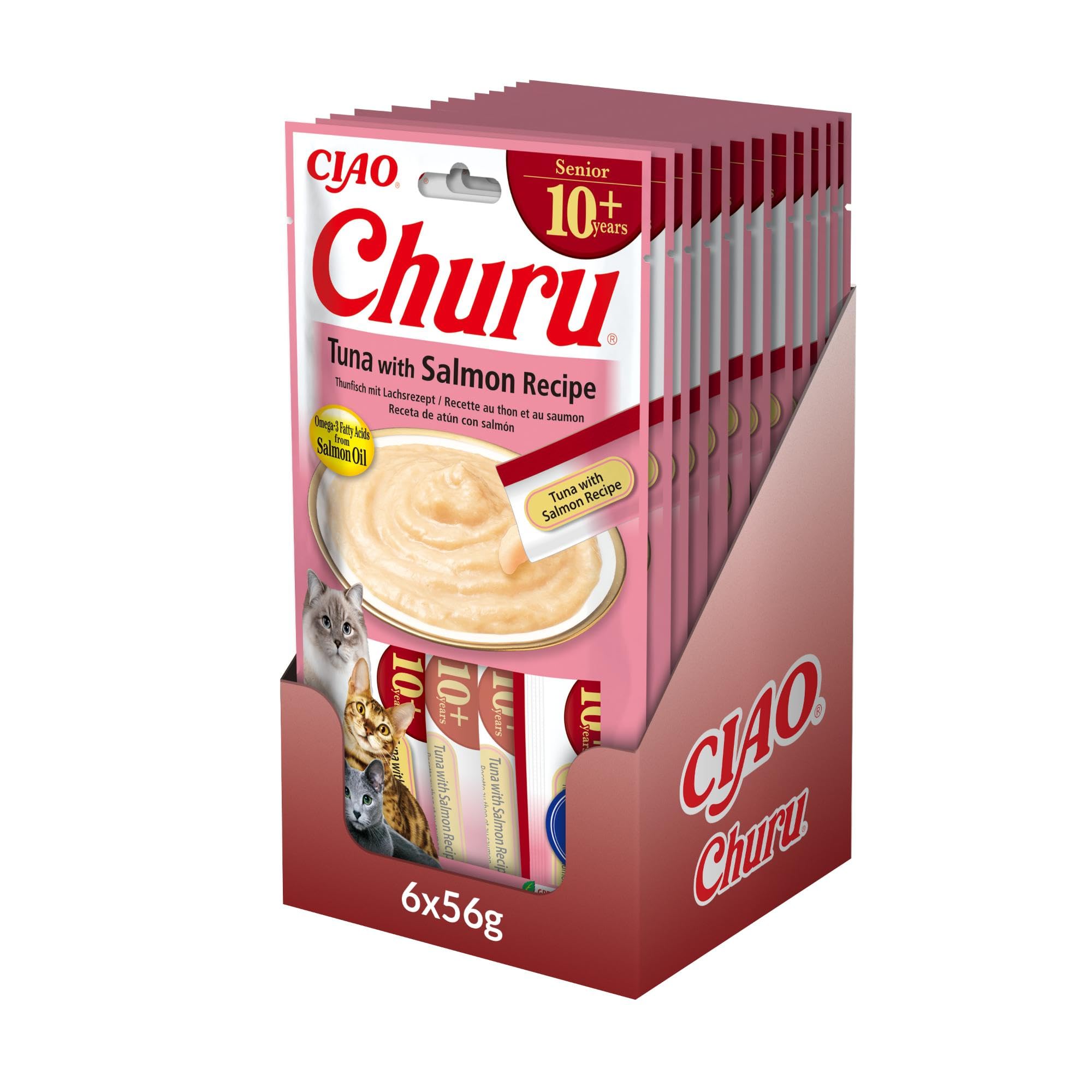 INABA Churu Sticks for Senior Cats - Tuna with Salmon - 12 Pack (48 x 14g) / Soft & Creamy INABA Cat Treat, Delicious & Healthy Snack, Lickable Sticks, Purée Food Topper, Pill Assist, Grain Free