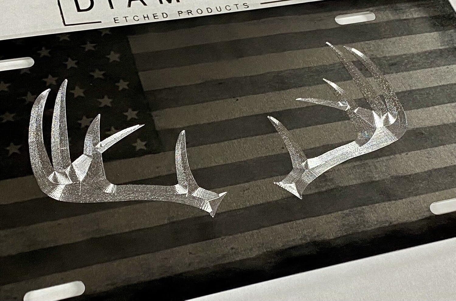 Engraved Deer Antlers Combo Laser US Flag & Diamond Etched Car Tag License Plate