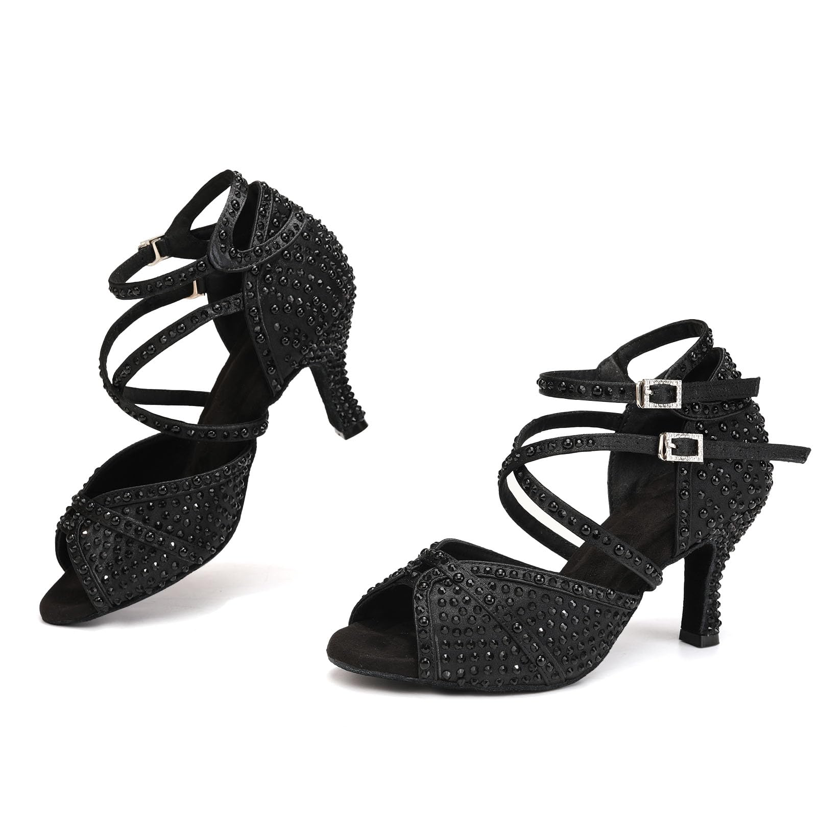 YCALCP Women's Rhinestone Ballroom Dance Shoes 3 inch Heel Black Latin Salsa Bachata Performance Dancing Shoes, 8 B(M) US