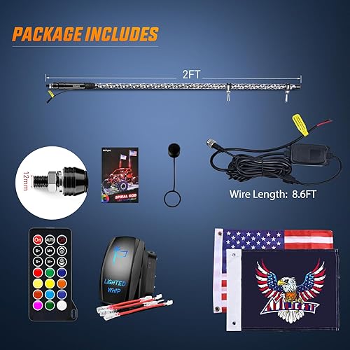 Miniatura 8 de Nilight 1 luz de látigo LED RGB espiral de 2 pies con luz RGB de persecucióndanza, control remoto RF, látigos de antena iluminados para Can-am ATV