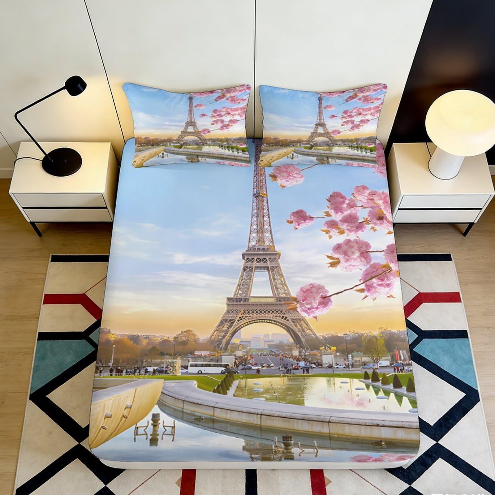 3D Printed Eiffel Tower Cherry Blossom Fitted Sheet Microfiber Soft Bed Cover for Bedroom Guest Room Decor 90x200x25cm
