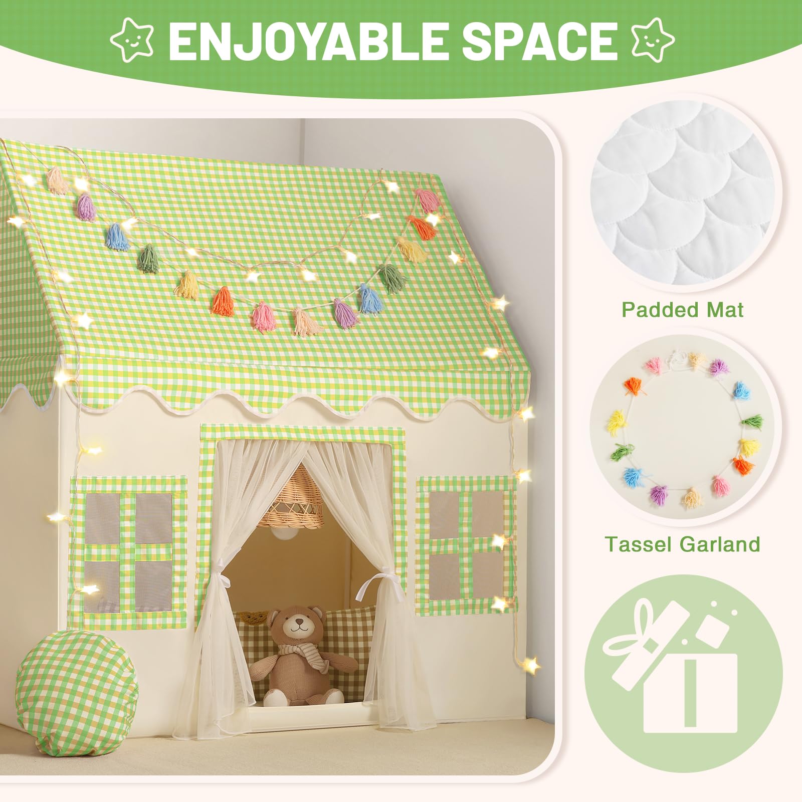 Wilwolfer Kids Play Tents Indoor: Princess PlayHouse with Green Checkered & Padded Mat & Colorful Tassel Garland - Image 2