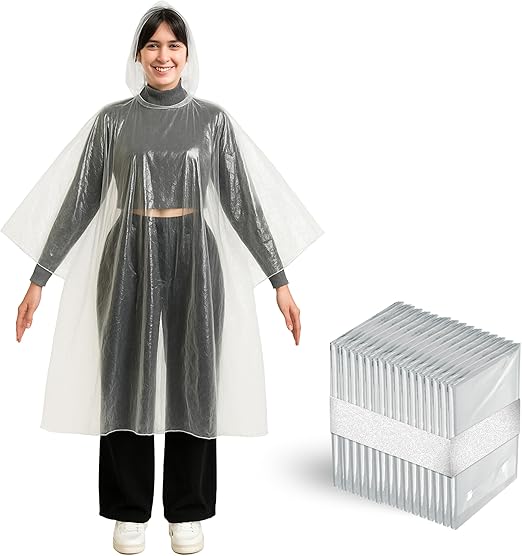 Better Office Products Disposable Clear Rain Ponchos with Hood for Adults (Thicker Gauge), Emergency Ponchos, Lightweight