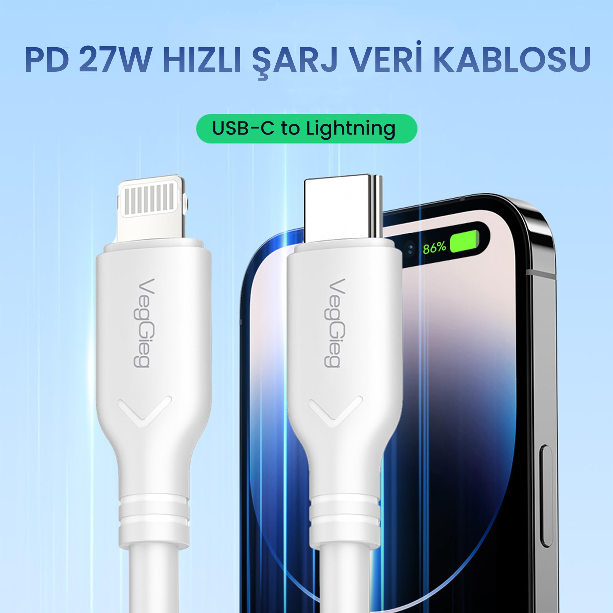 VegGieg 27W Type-C to Lightning iPhone iPad ile Uyumlu PD Hızlı Şarj ve Data Kablosu 1.2 Metre